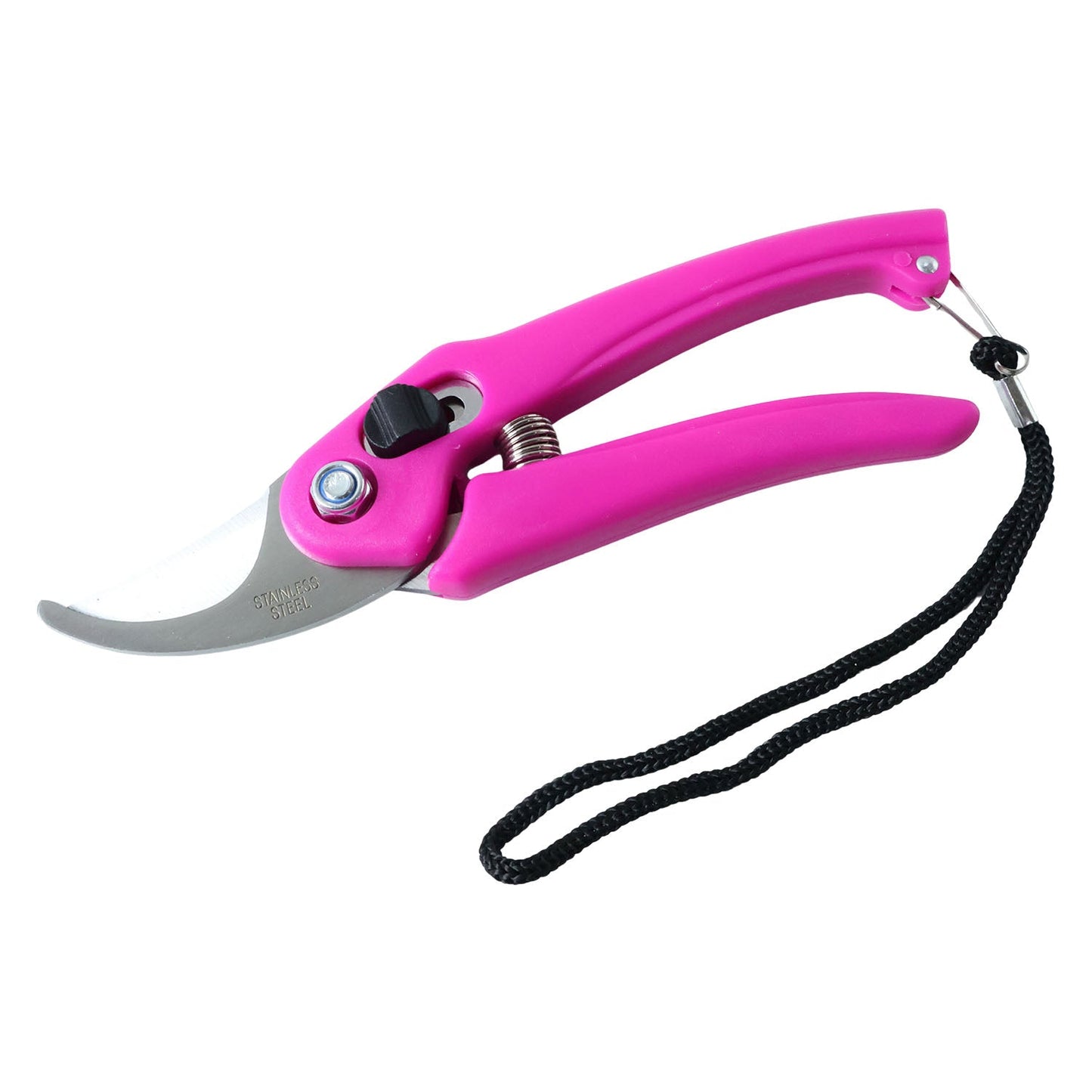 Pink pruning shears with a black wrist strap, featuring stainless steel blades and a black locking mechanism, on a white