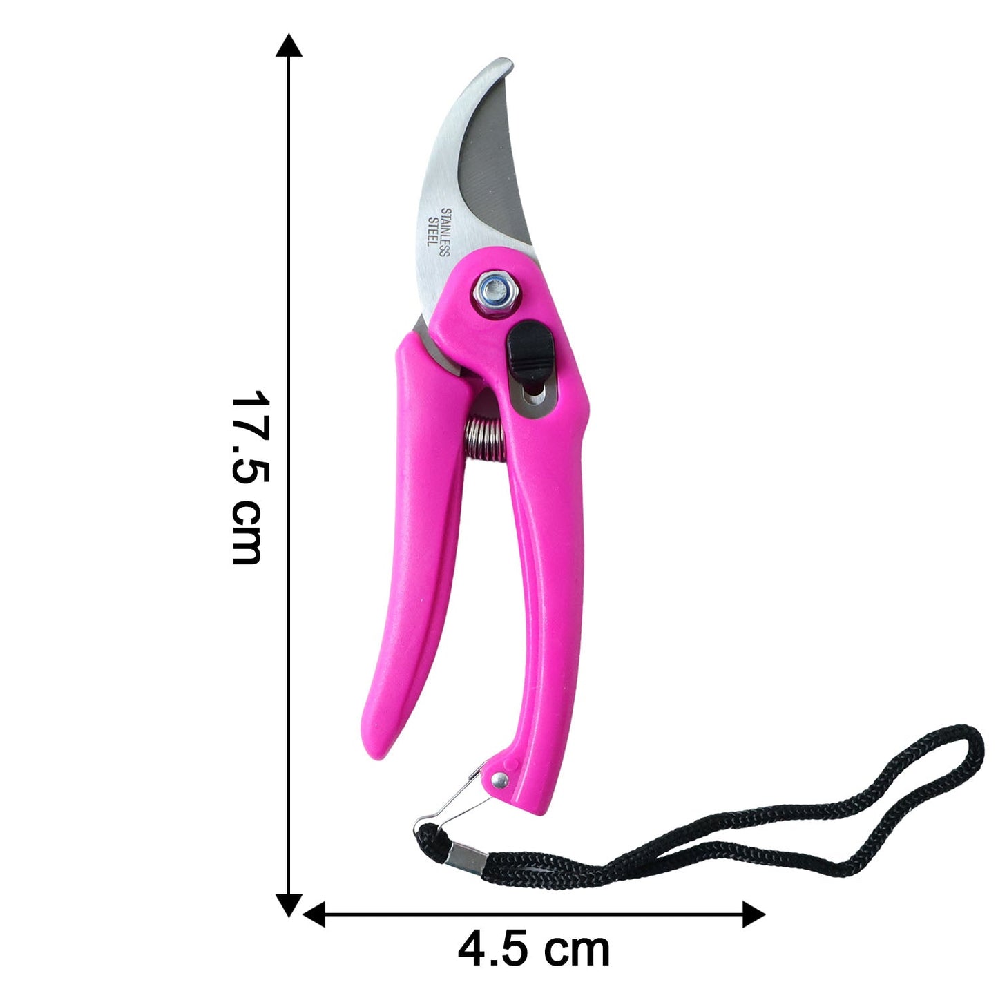Pink pruning shears with a black wrist strap, showing dimensions of 17.5 cm length and 4.5 cm width, on a white background.