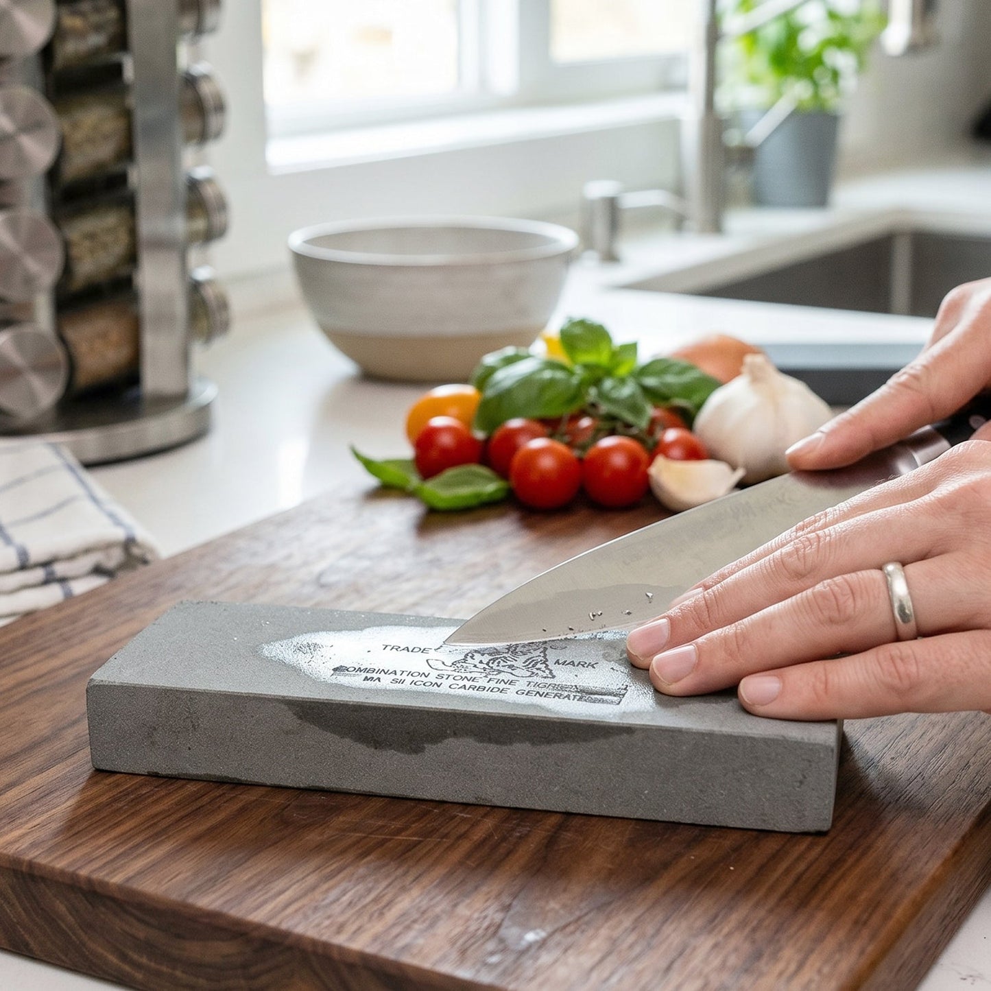 Hands sharpening a silver knife on a gray stone on a wooden cutting board, with fresh vegetables in the background.