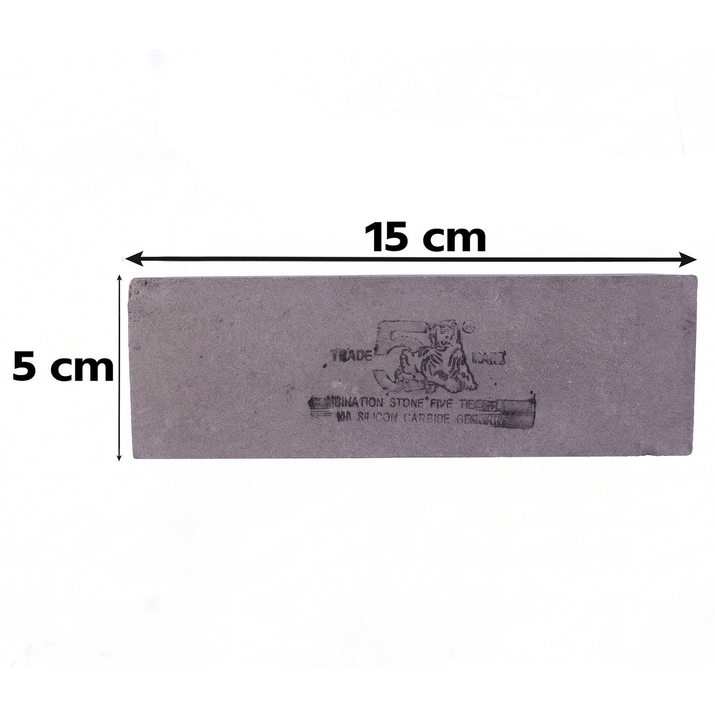Top-down view of a gray rectangular sharpening stone with text and logo, overlaid with 15 cm and 5 cm dimensions.