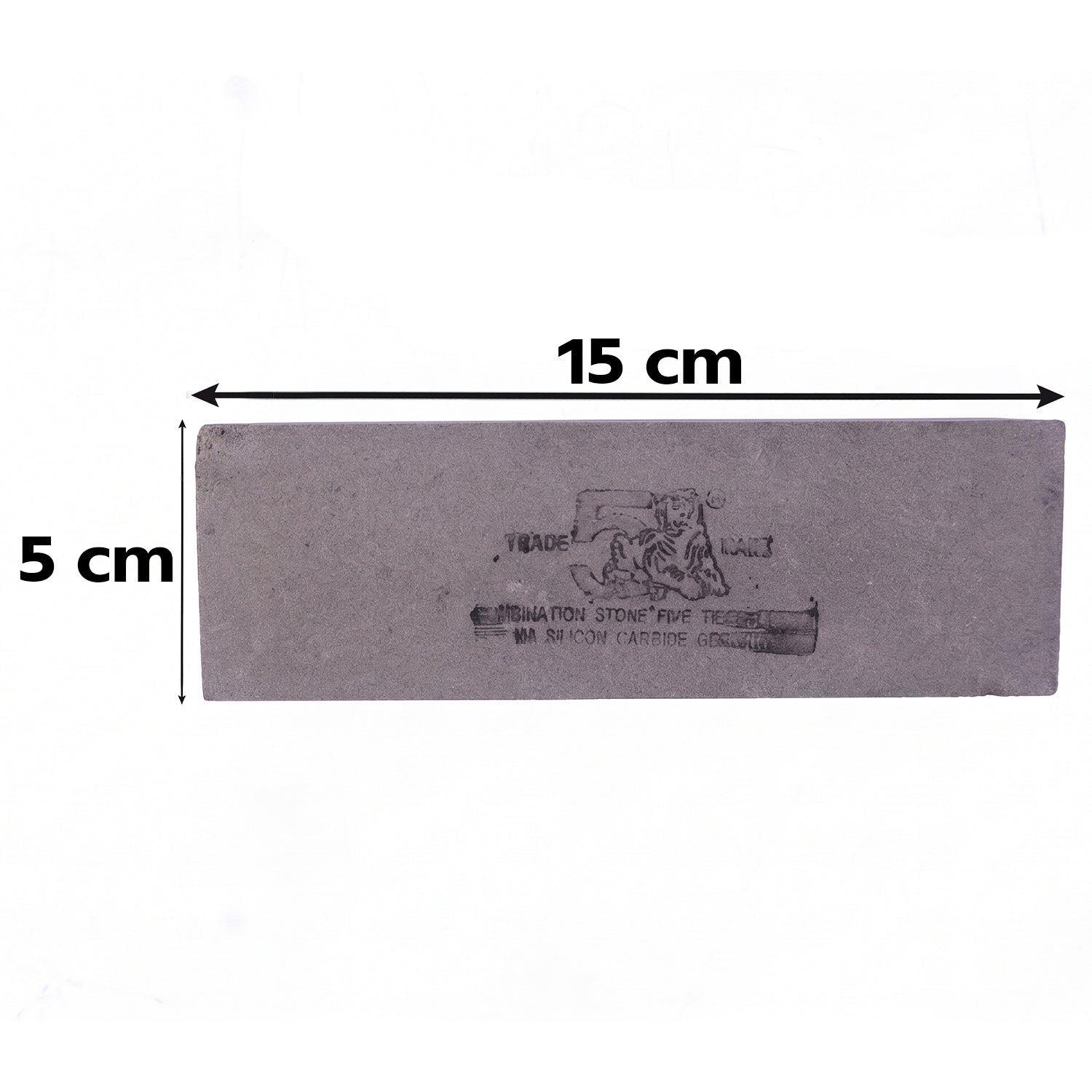 Top-down view of a gray rectangular sharpening stone with text and logo, overlaid with 15 cm and 5 cm dimensions.