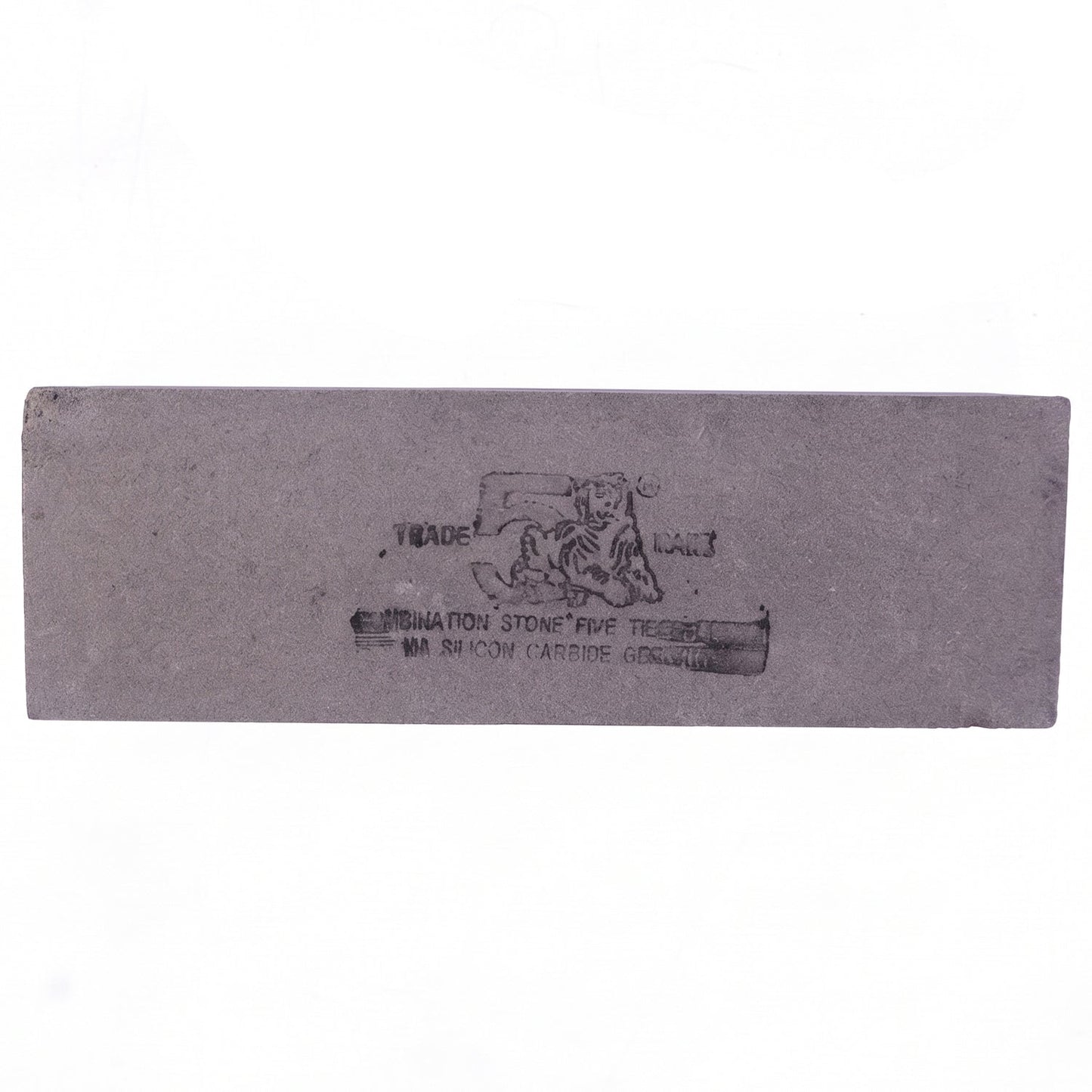 Top-down view of a gray rectangular sharpening stone with black text and a tiger logo on a white background.