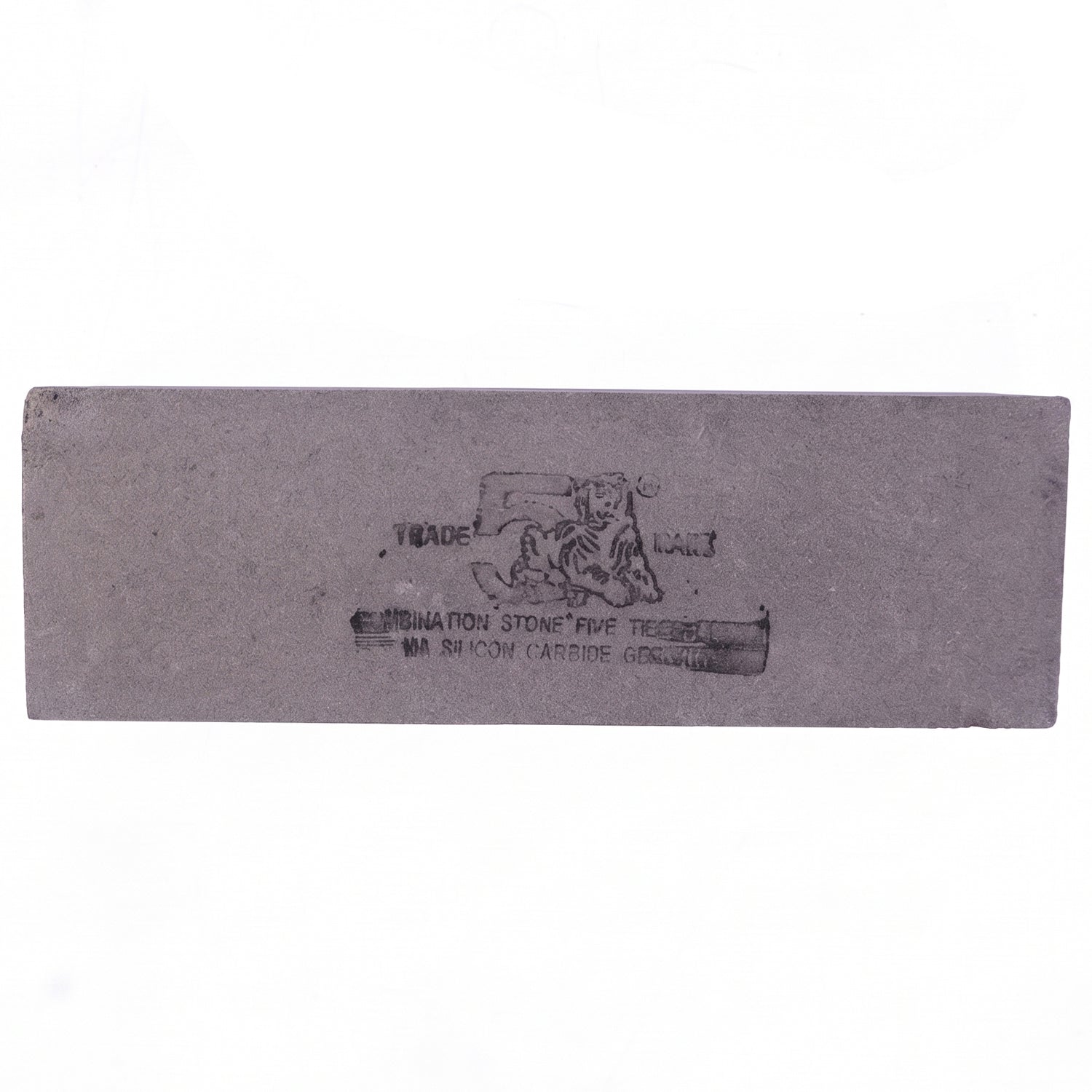 Top-down view of a gray rectangular sharpening stone with black text and a tiger logo on a white background.
