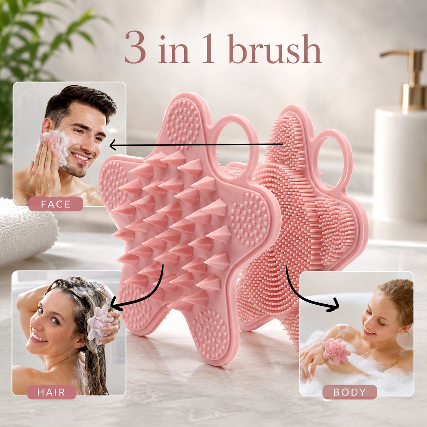 Two pink silicone starfish-shaped brushes with different bristle types are shown with three inset photos of people using the