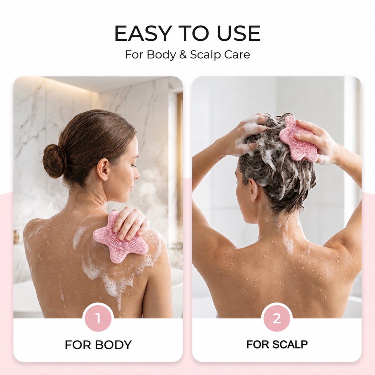 Two panels depict a woman using a pink silicone starfish brush, one on her back for body care and the other on her scalp for