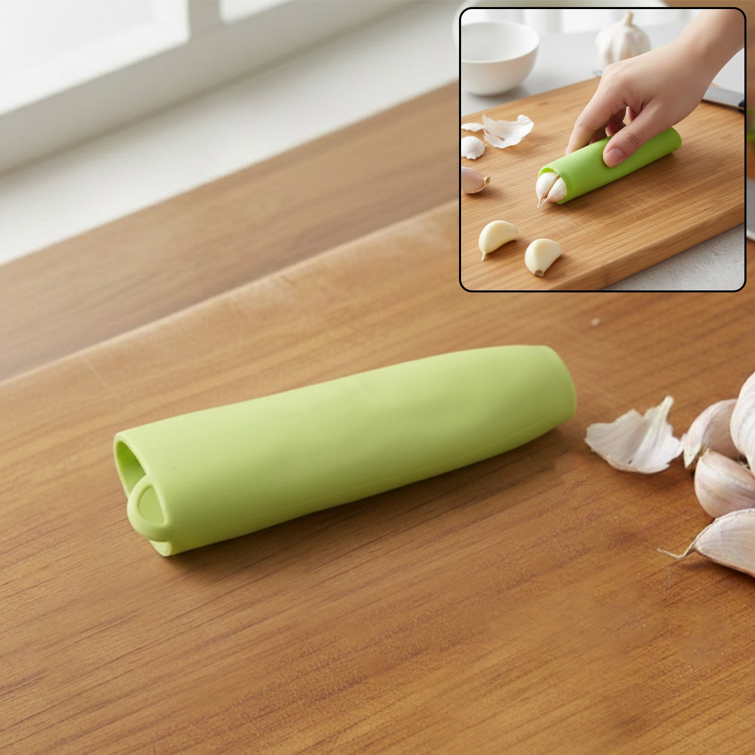 Silicone garlic peeler tube on white background for easy garlic skin removal