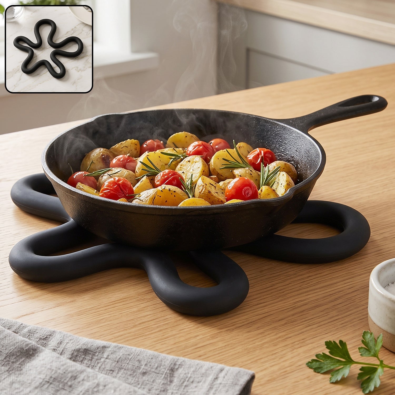 A black silicone flower-shaped hot pot holder on a wooden table, holding a cast iron pan with roasted vegetables.