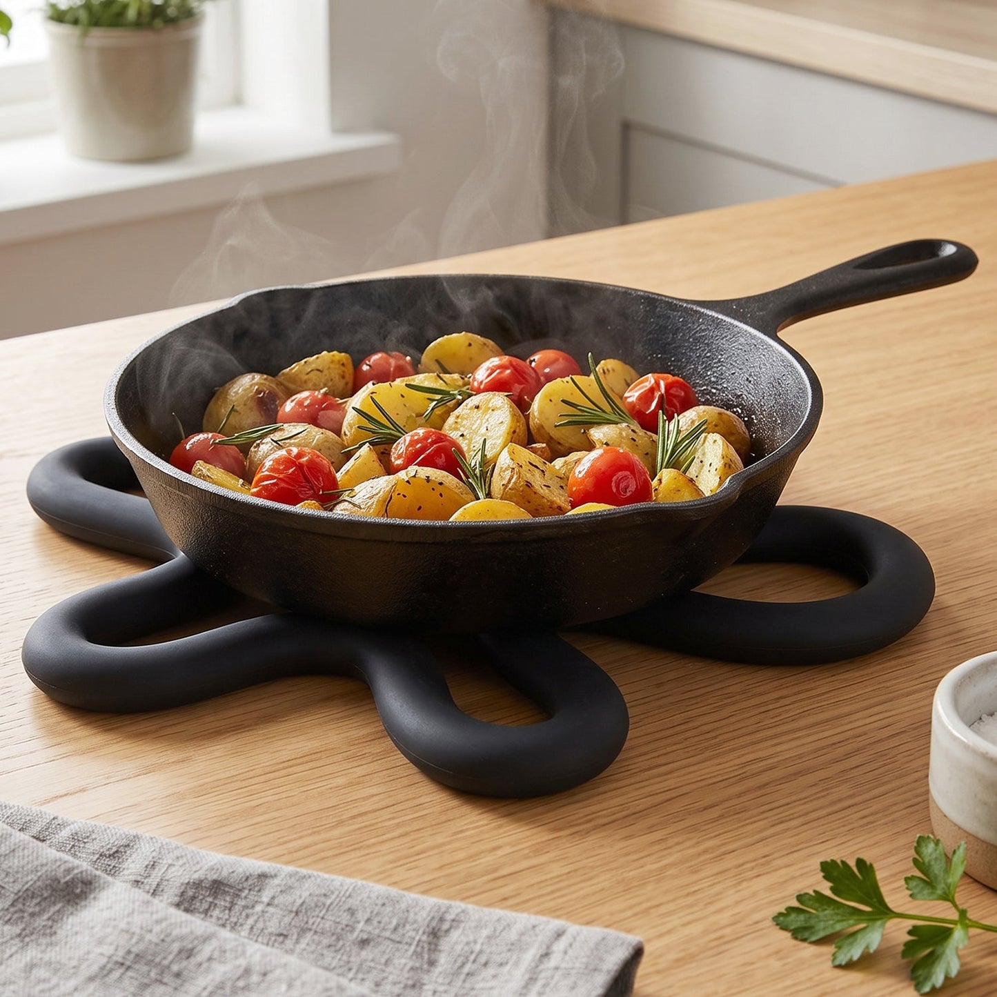 A black silicone flower-shaped hot pot holder on a wooden table, holding a cast iron pan with roasted potatoes and tomatoes.