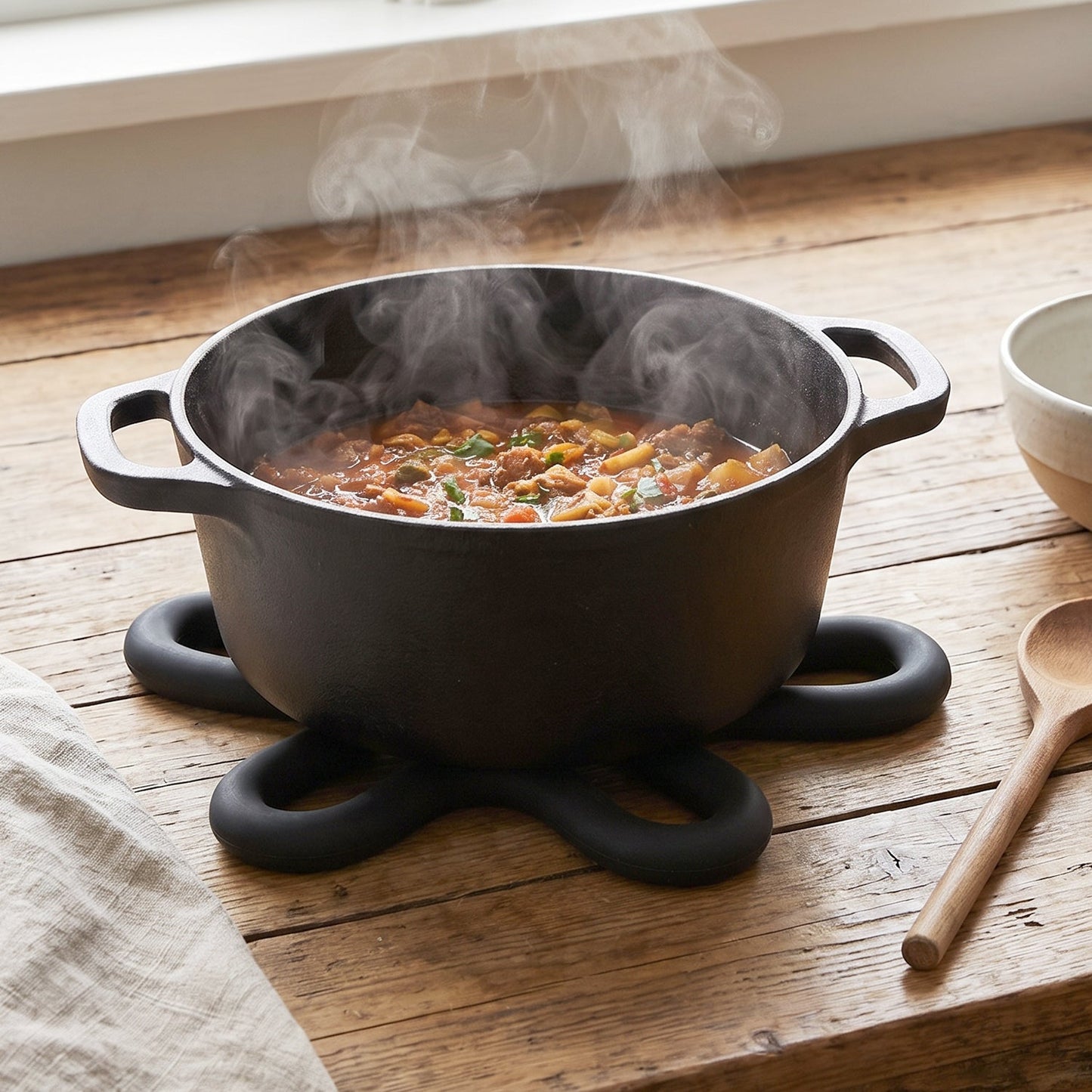 A black silicone flower-shaped hot pot holder on a wooden table, holding a steaming cast iron pot with stew.