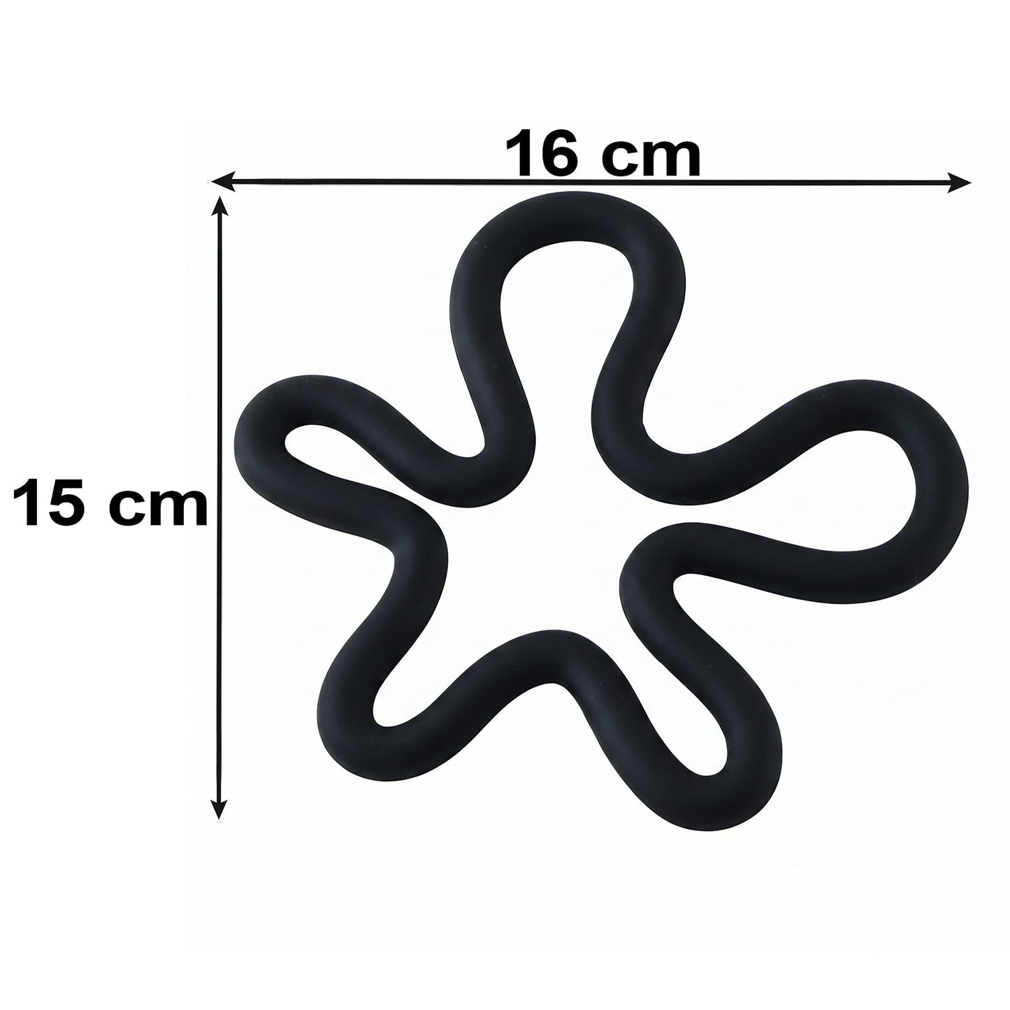 A black silicone flower-shaped hot pot holder on a white background with dimensions 16 cm by 15 cm indicated.