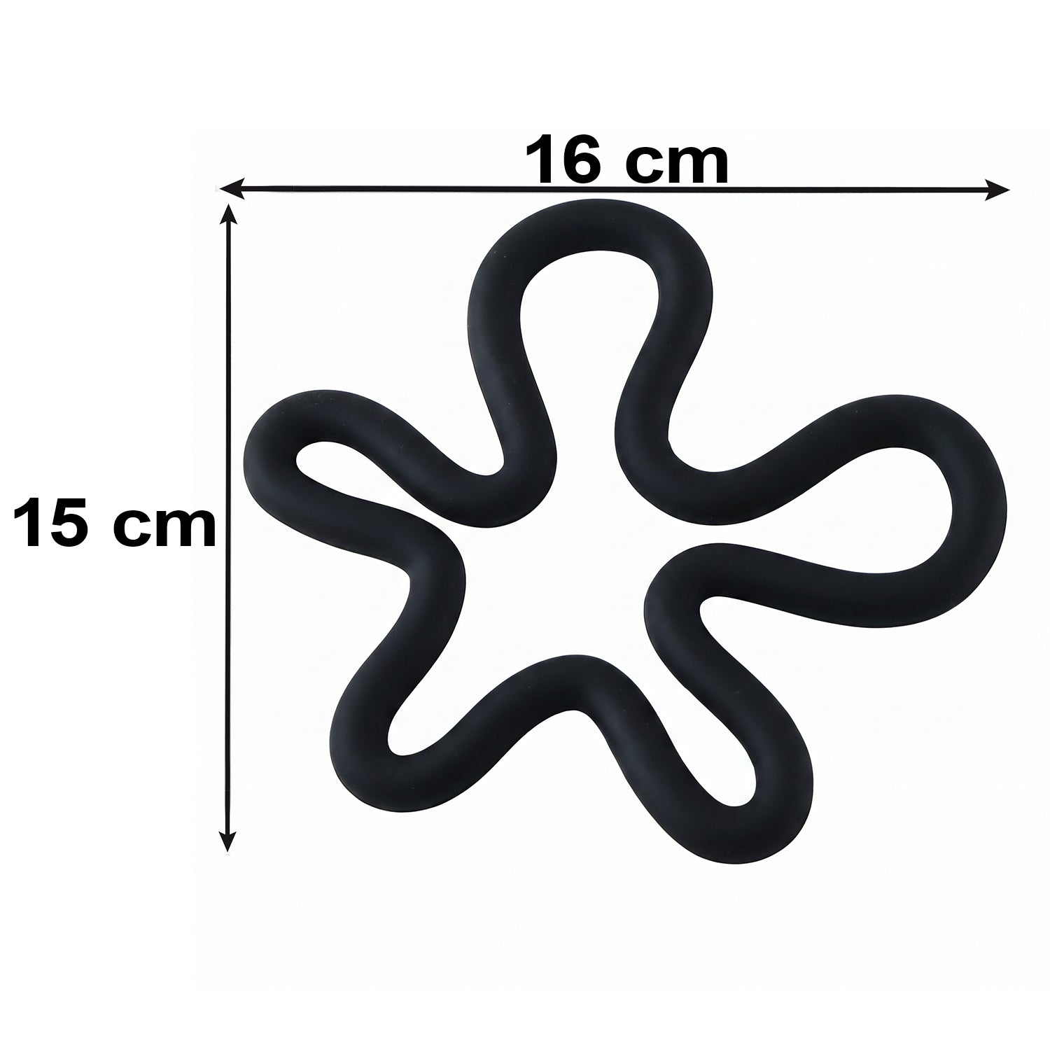 A black silicone flower-shaped hot pot holder on a white background with dimensions 16 cm by 15 cm indicated.