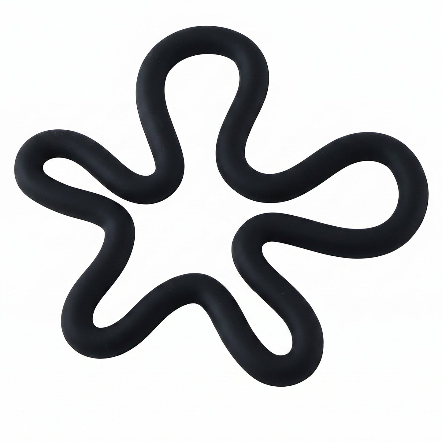 A black silicone flower-shaped hot pot holder on a plain white background, viewed from directly above.