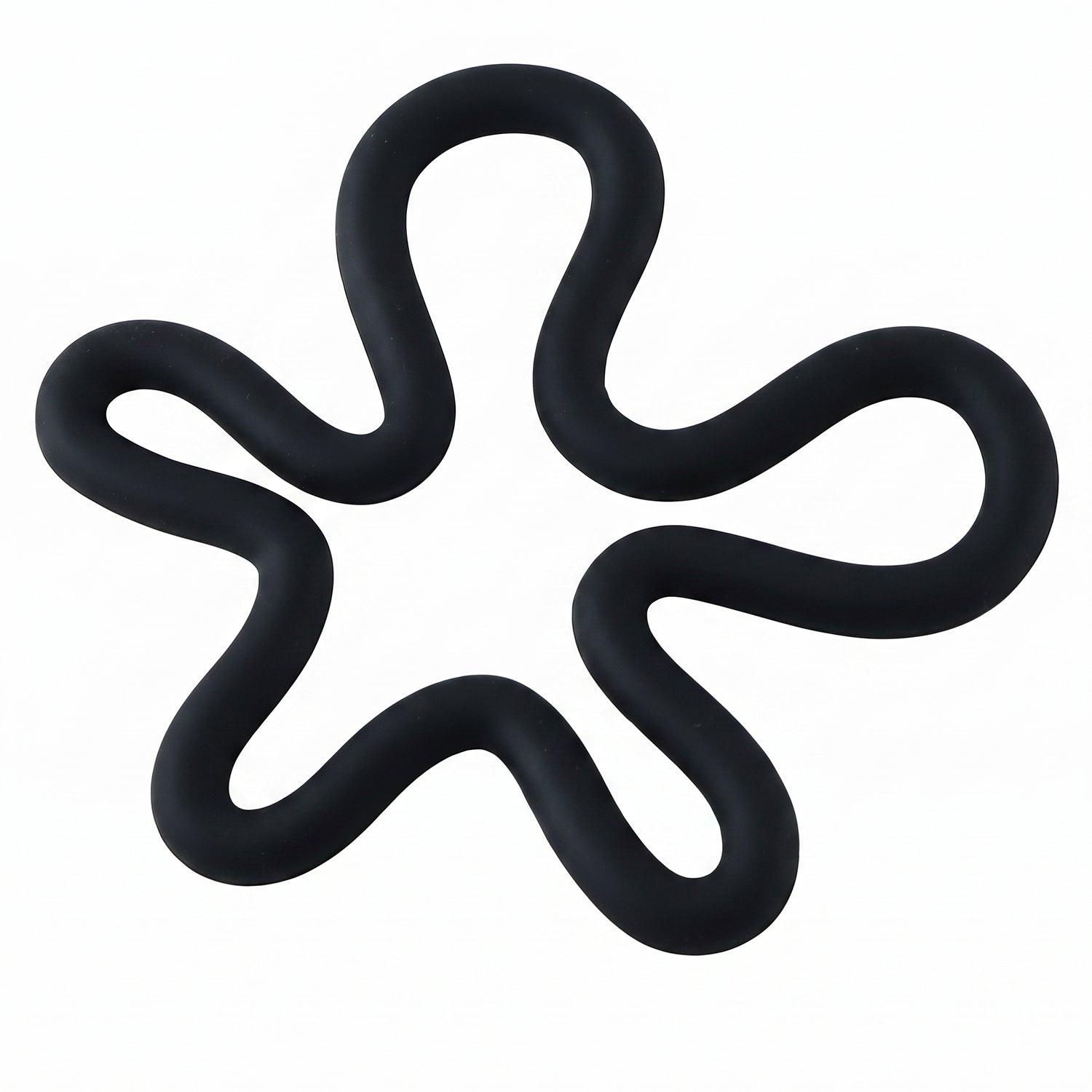 A black silicone flower-shaped hot pot holder on a plain white background, viewed from directly above.