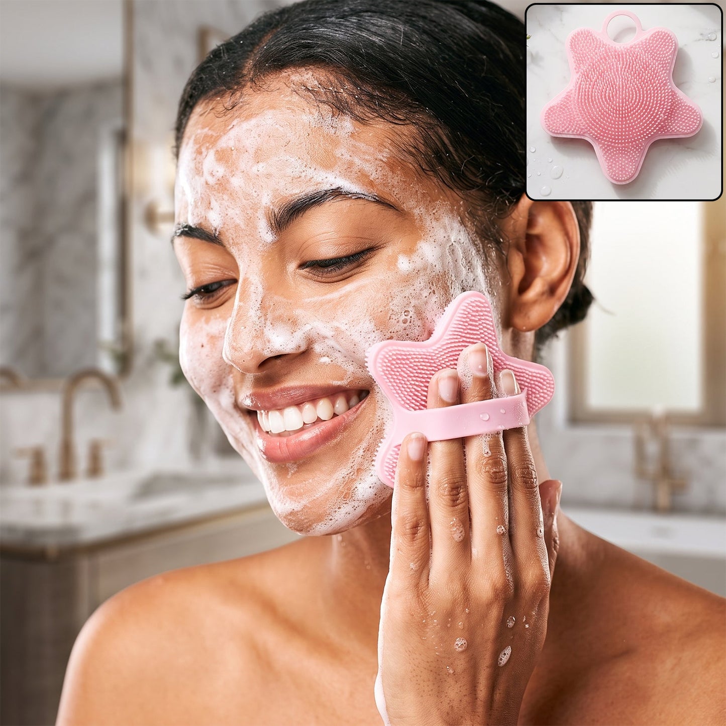A woman with foamy soap on her face smiles while using a pink silicone starfish brush to cleanse her skin, with an inset of