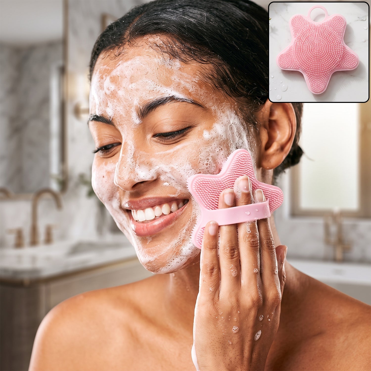 A woman with foamy soap on her face smiles while using a pink silicone starfish brush to cleanse her skin, with an inset of