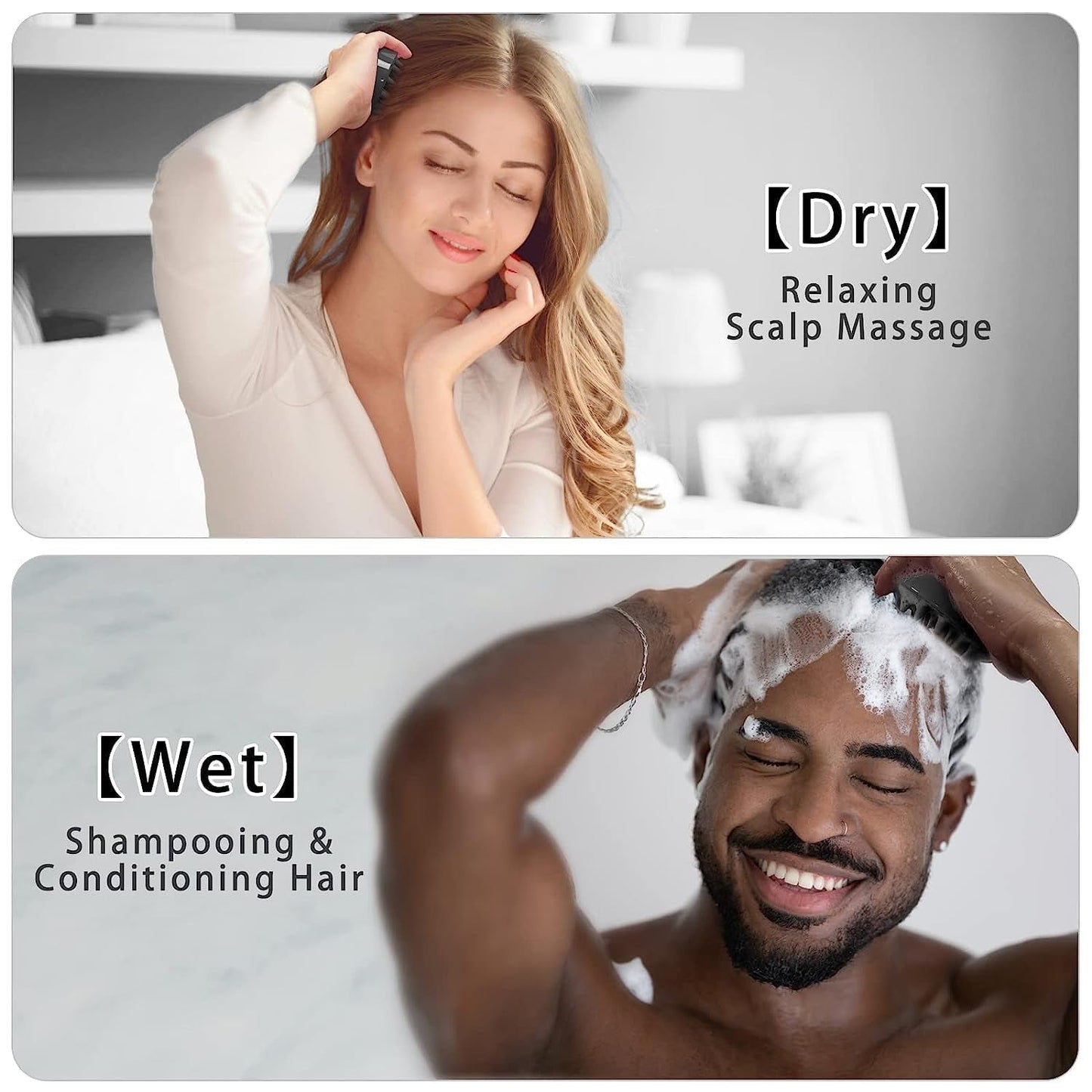 Two panels show a woman massaging her dry scalp with a brush and a man shampooing his wet hair with a brush.