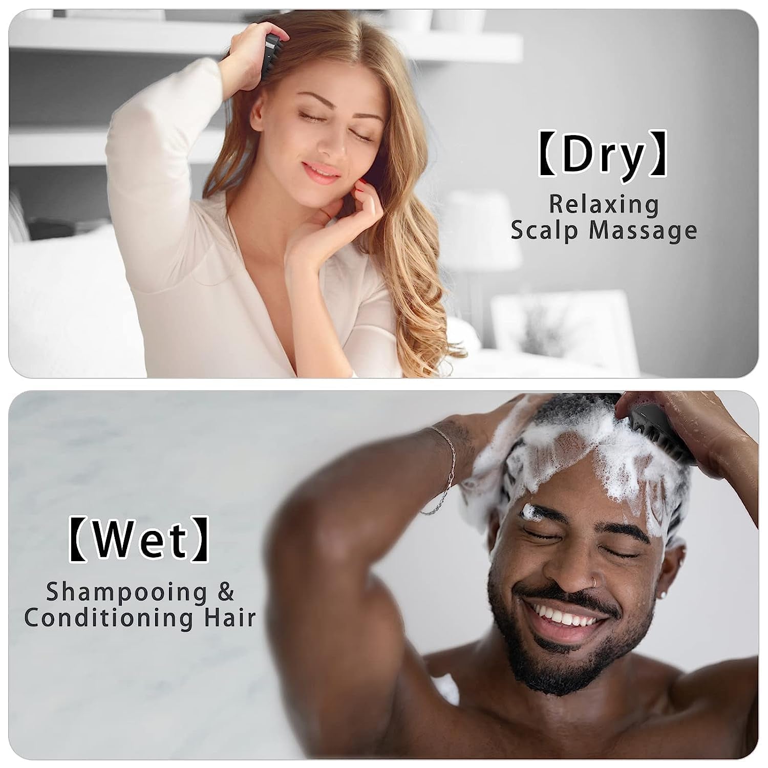 Two panels show a woman massaging her dry scalp with a brush and a man shampooing his wet hair with a brush.