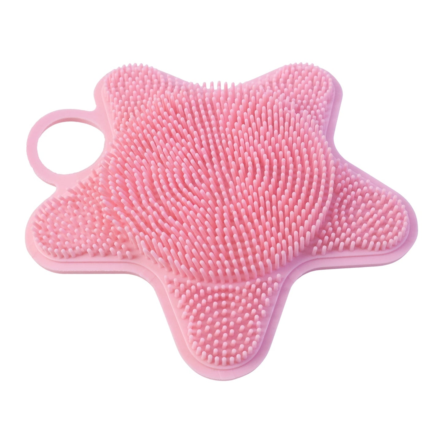 A single pink silicone starfish-shaped brush with two distinct bristle textures is displayed against a white background.