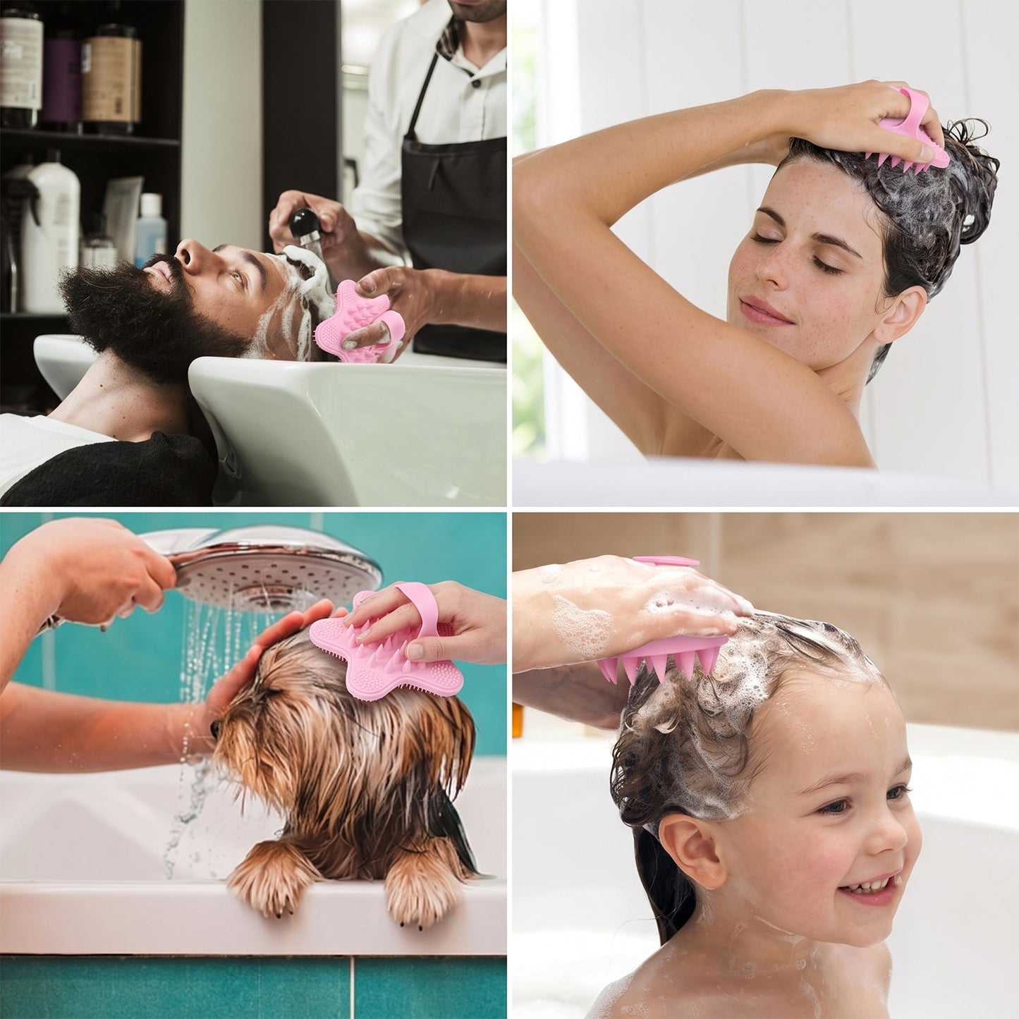 Four panels show a man getting his hair washed, a woman shampooing her hair, a dog being bathed, and a child getting her