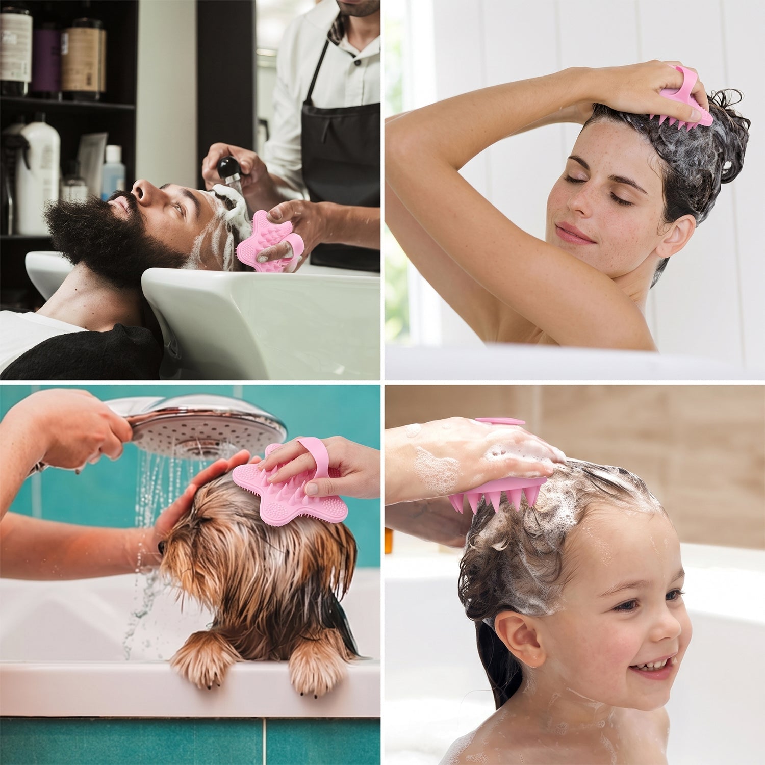 Four panels show a man getting his hair washed, a woman shampooing her hair, a dog being bathed, and a child getting her