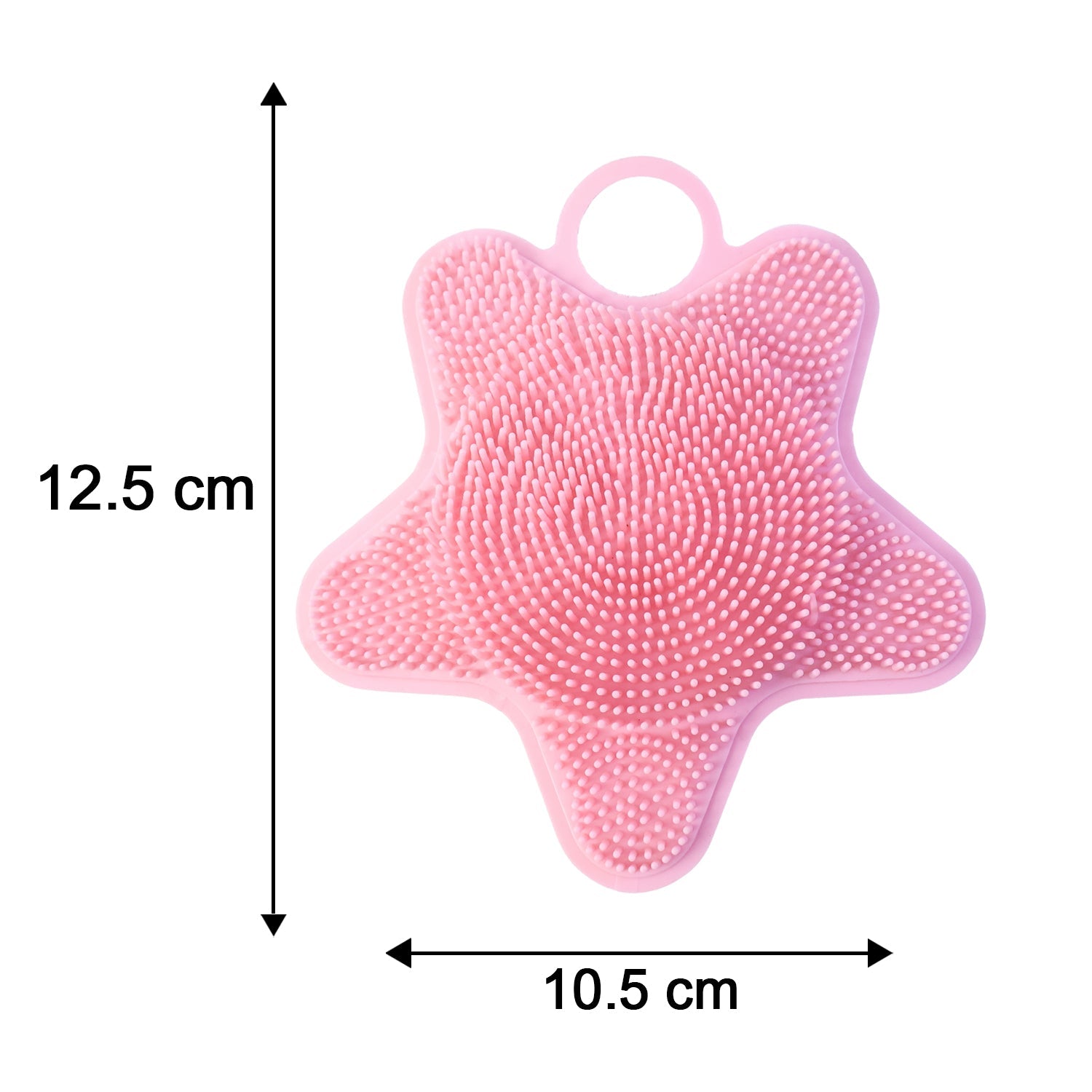 A pink silicone starfish-shaped brush with two bristle types is shown with dimensions of 12.5 cm length and 10.5 cm width.