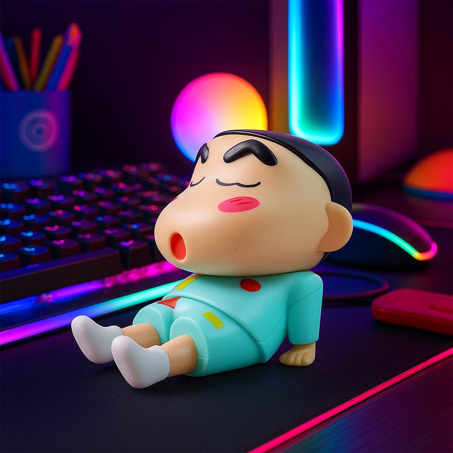 Cartoon figurine mobile phone stand securing smartphone on desk