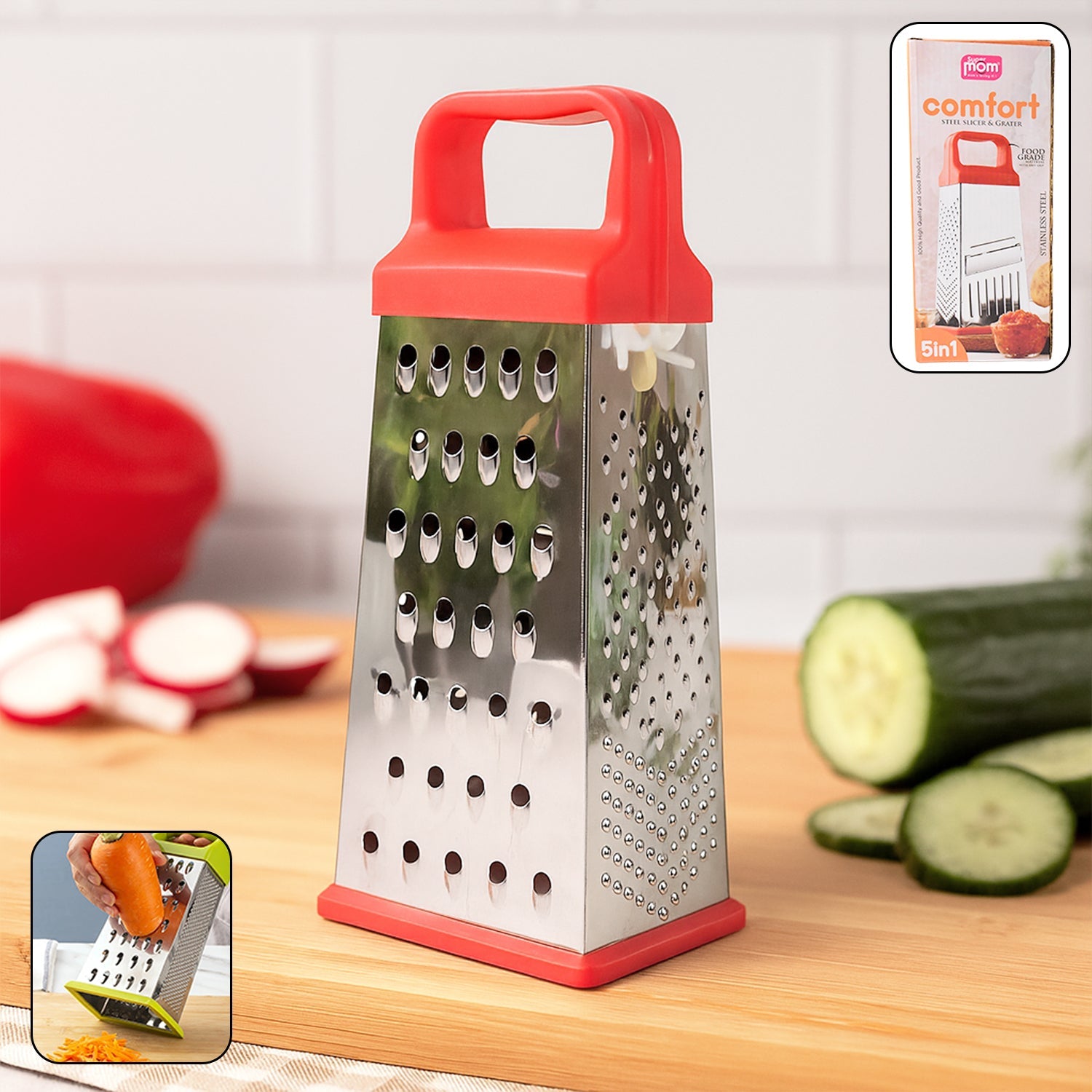 Stainless steel grater and slicer with ergonomic handle for kitchen use