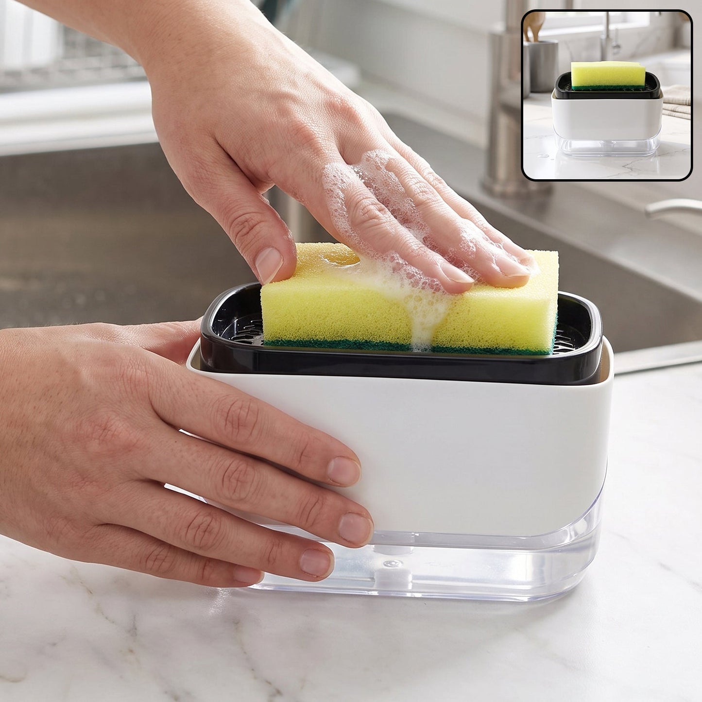 A person's hands press a yellow sponge onto a white and black soap dispenser, creating suds, next to a kitchen sink