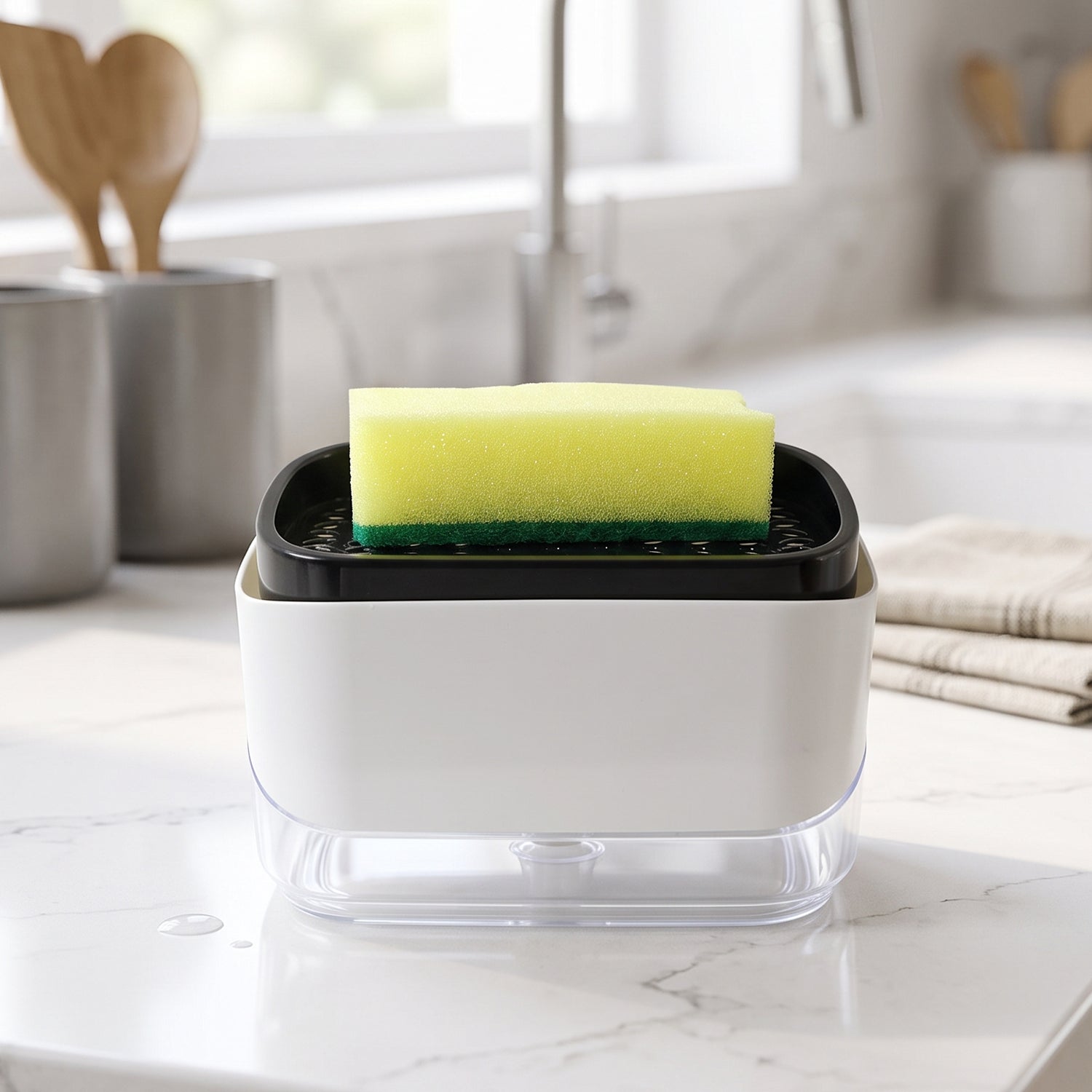 A white and black soap dispenser with a yellow sponge sits on a kitchen counter next to a sink with wooden utensils.