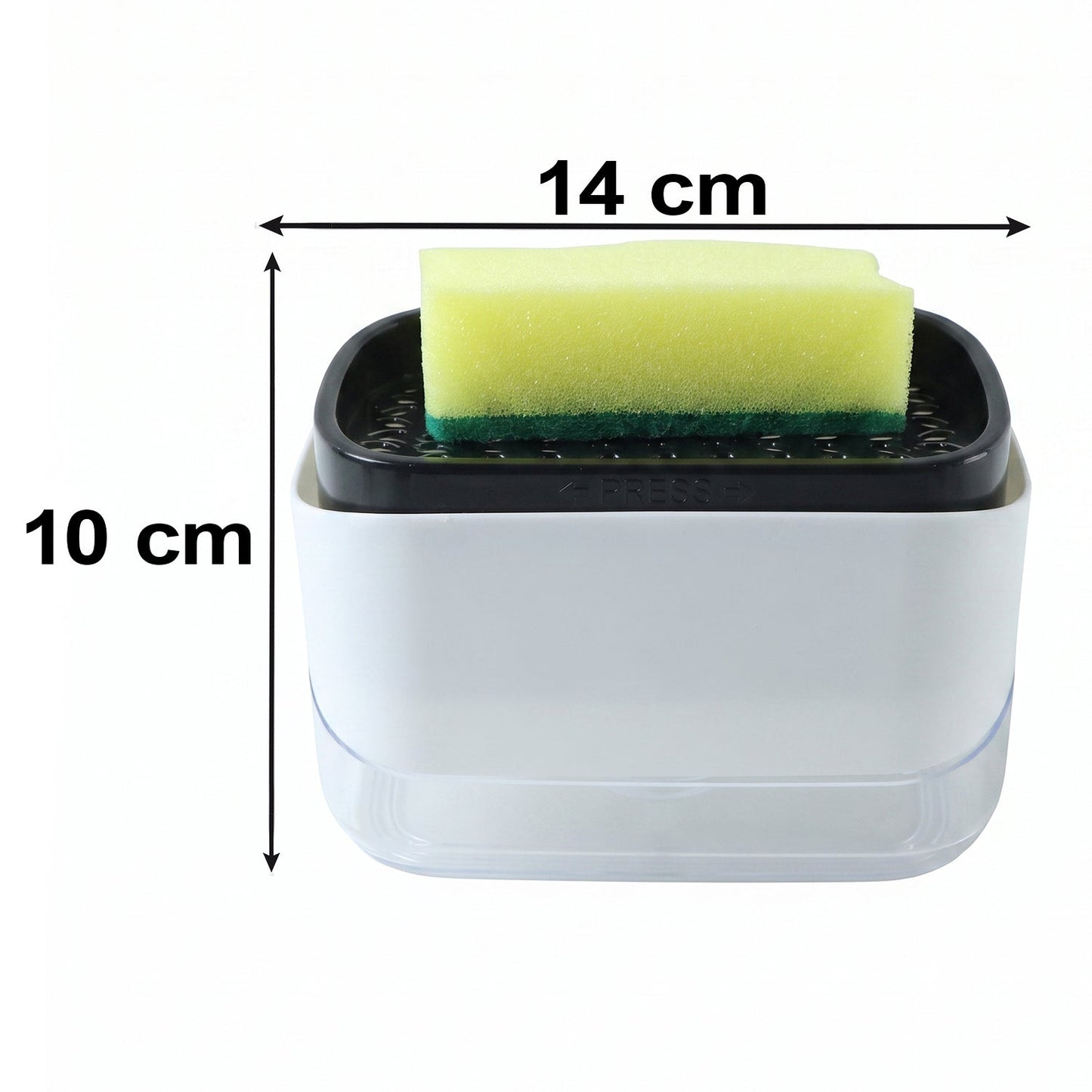 A white and black soap dispenser with a yellow sponge on top is shown against a white background with dimensions 14 cm wide