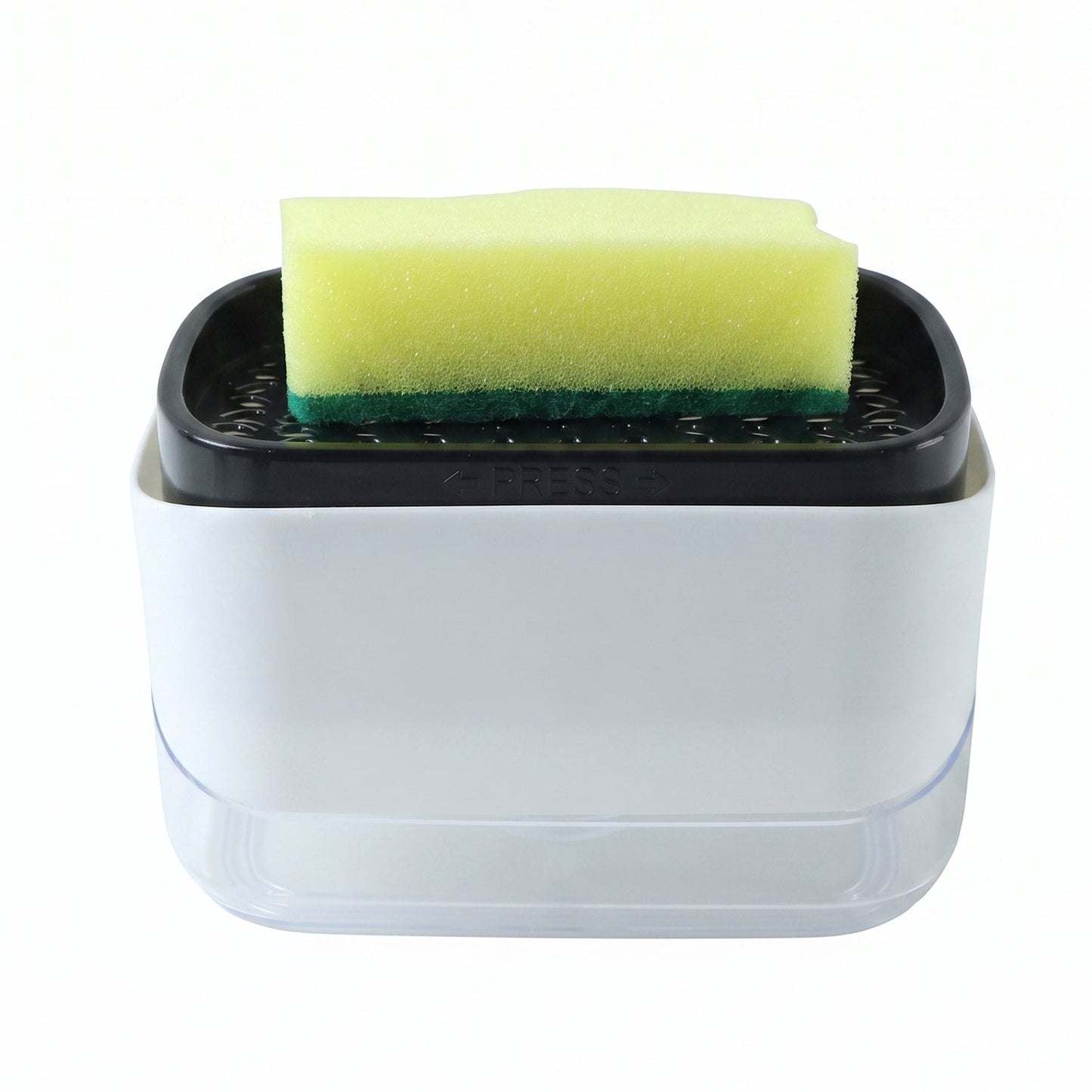 A white and black soap dispenser with a yellow sponge on top is shown against a white background.