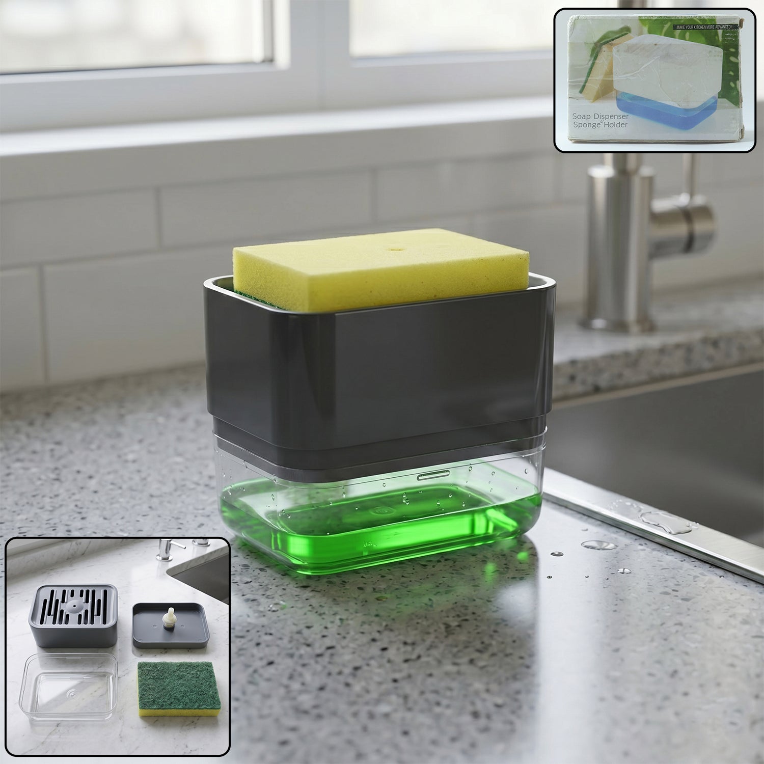 Soap dispenser with sponge holder on a kitchen sink