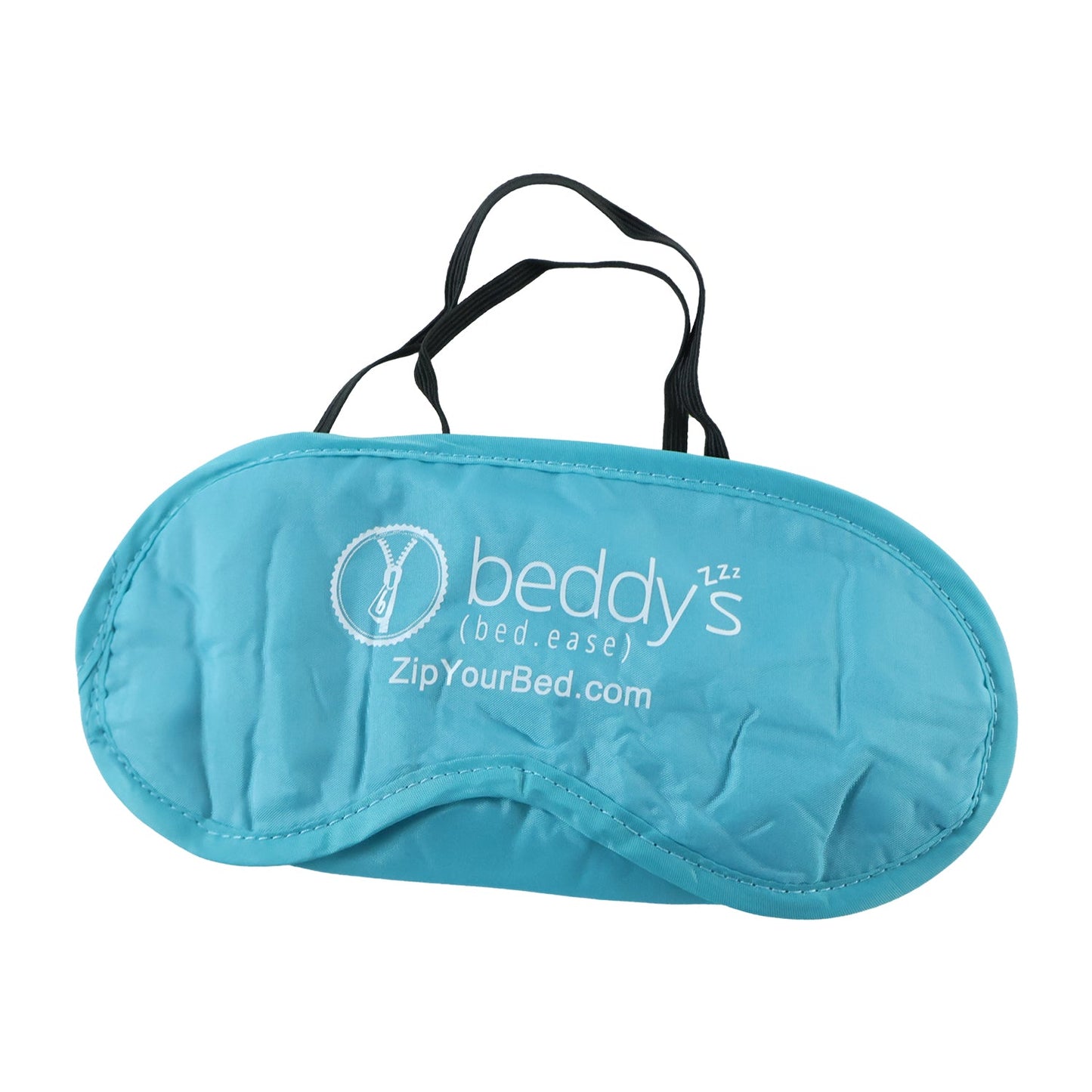 A light blue sleep mask with a white logo and black elastic strap is shown against a plain white background.