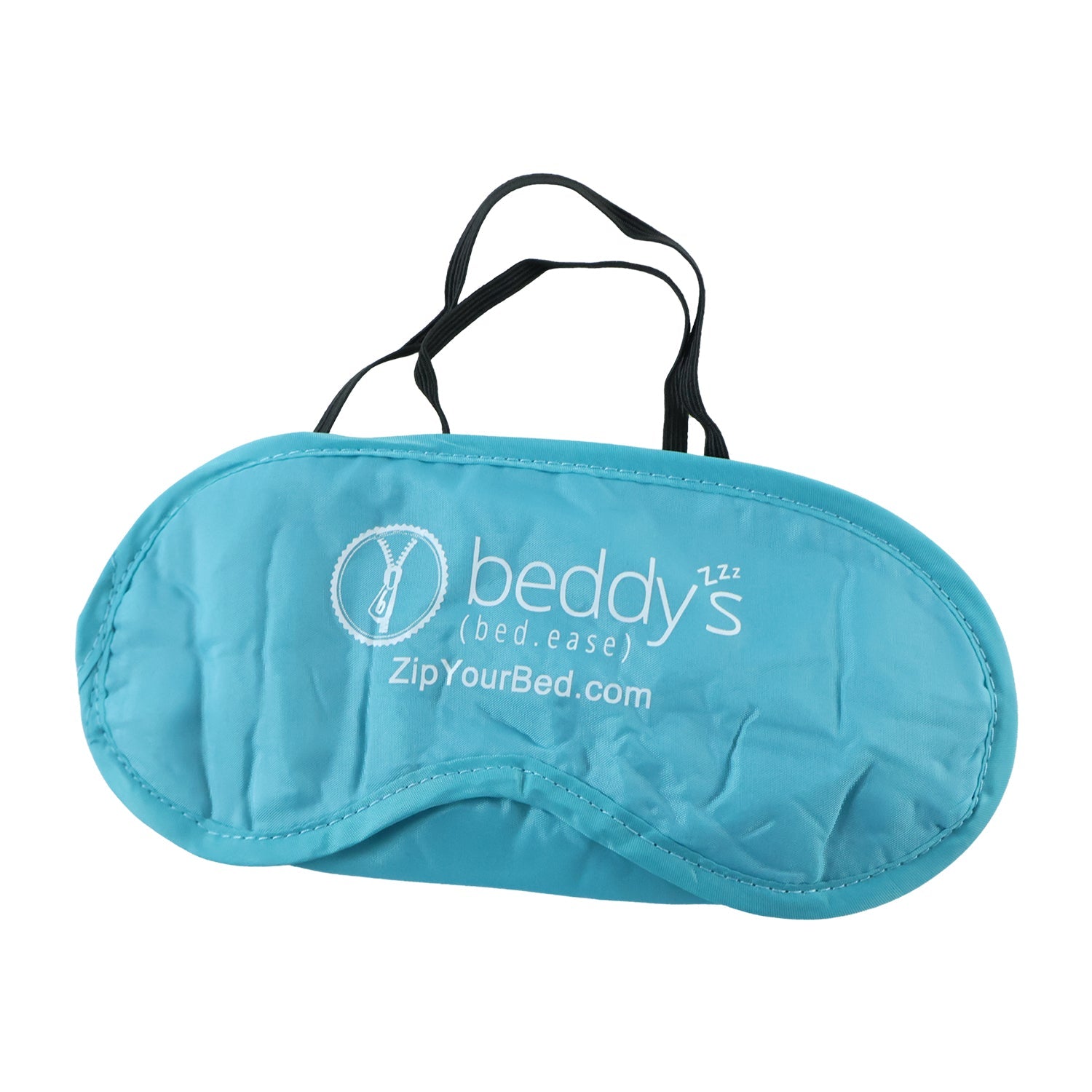 A light blue sleep mask with a white logo and black elastic strap is shown against a plain white background.