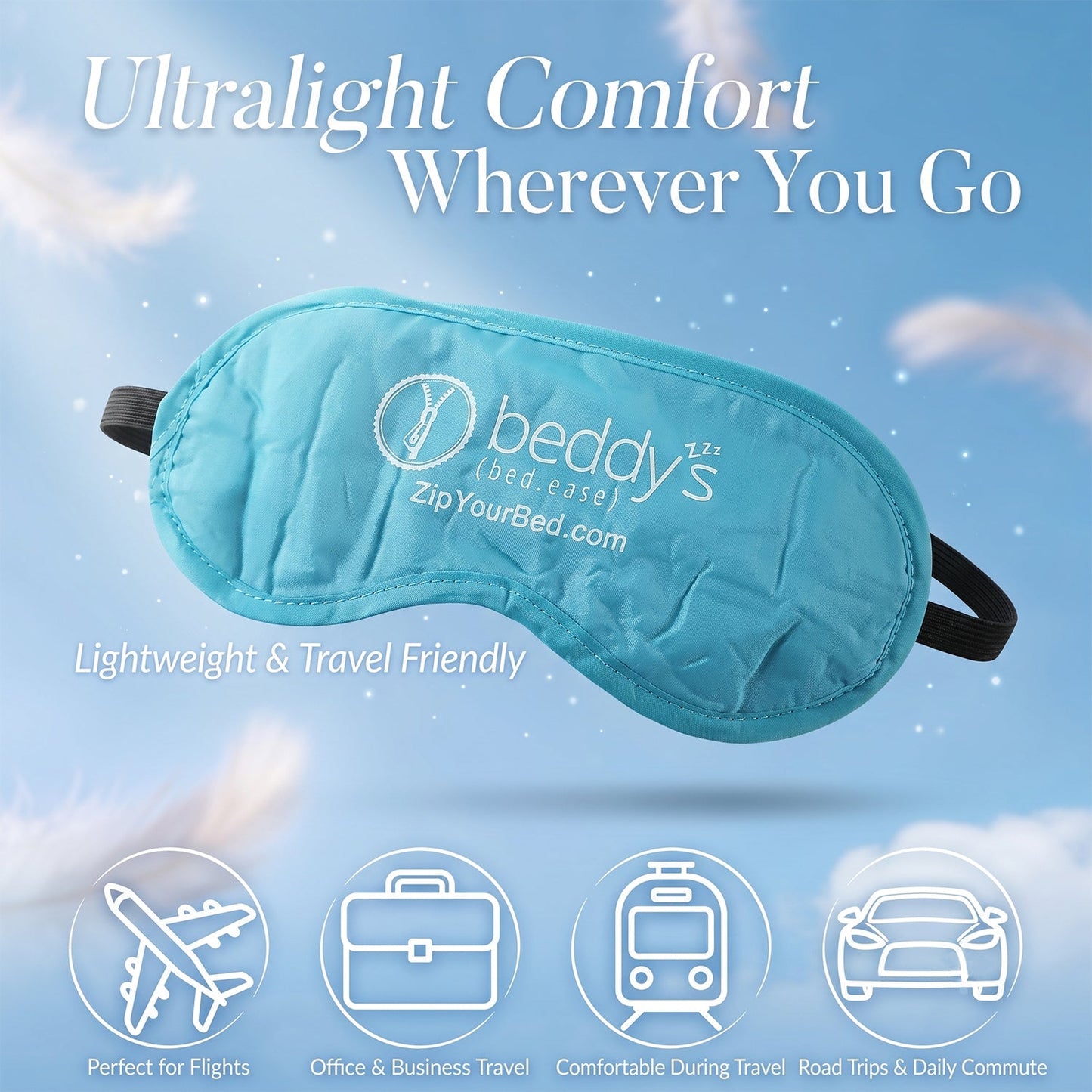A light blue sleep mask with a black elastic strap floats against a blue sky with clouds, surrounded by text and icons.