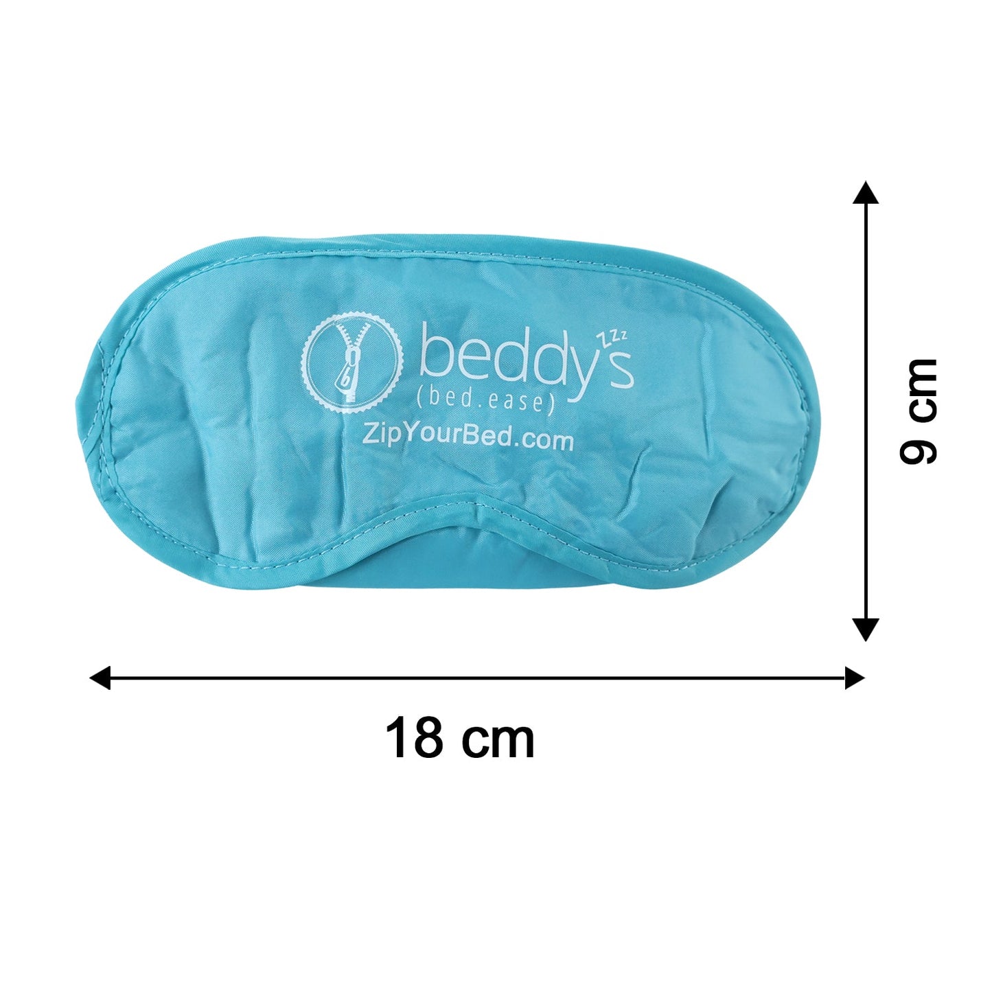 A light blue sleep mask with a white logo is displayed with arrows indicating its dimensions of 18 cm by 9 cm.