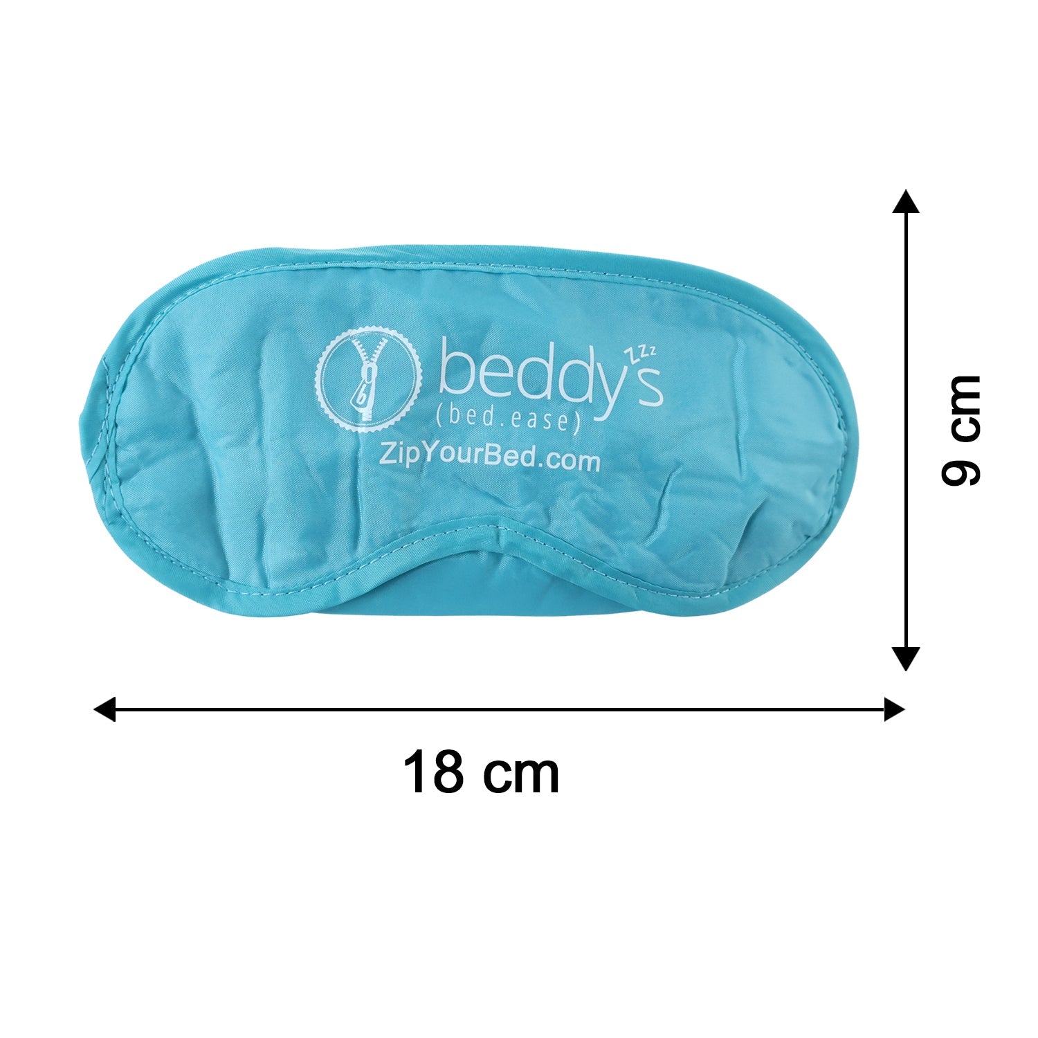 A light blue sleep mask with a white logo is displayed with arrows indicating its dimensions of 18 cm by 9 cm.