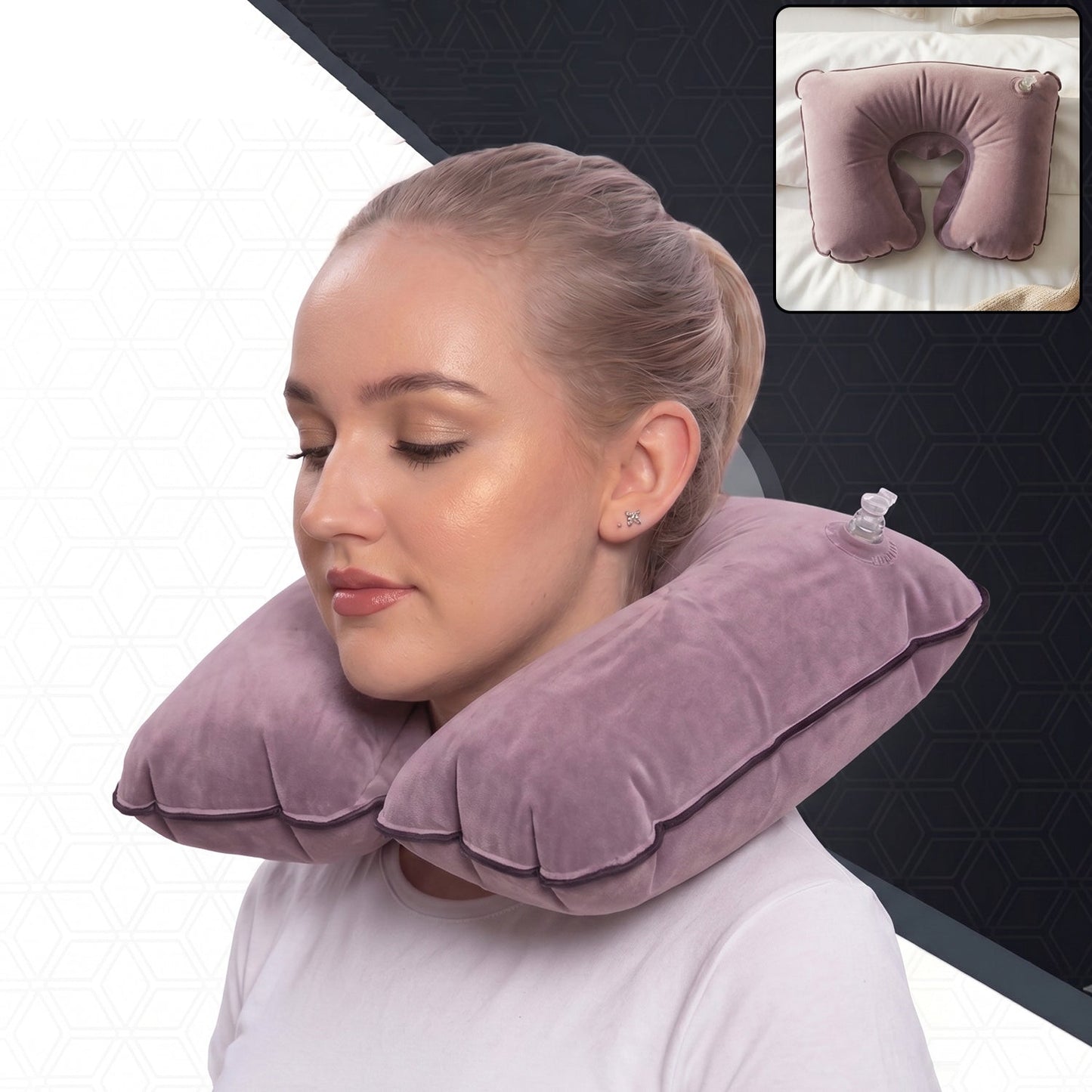 A woman wears an inflated purple velvet U-shape neck pillow, with a small inset showing the pillow on a bed.