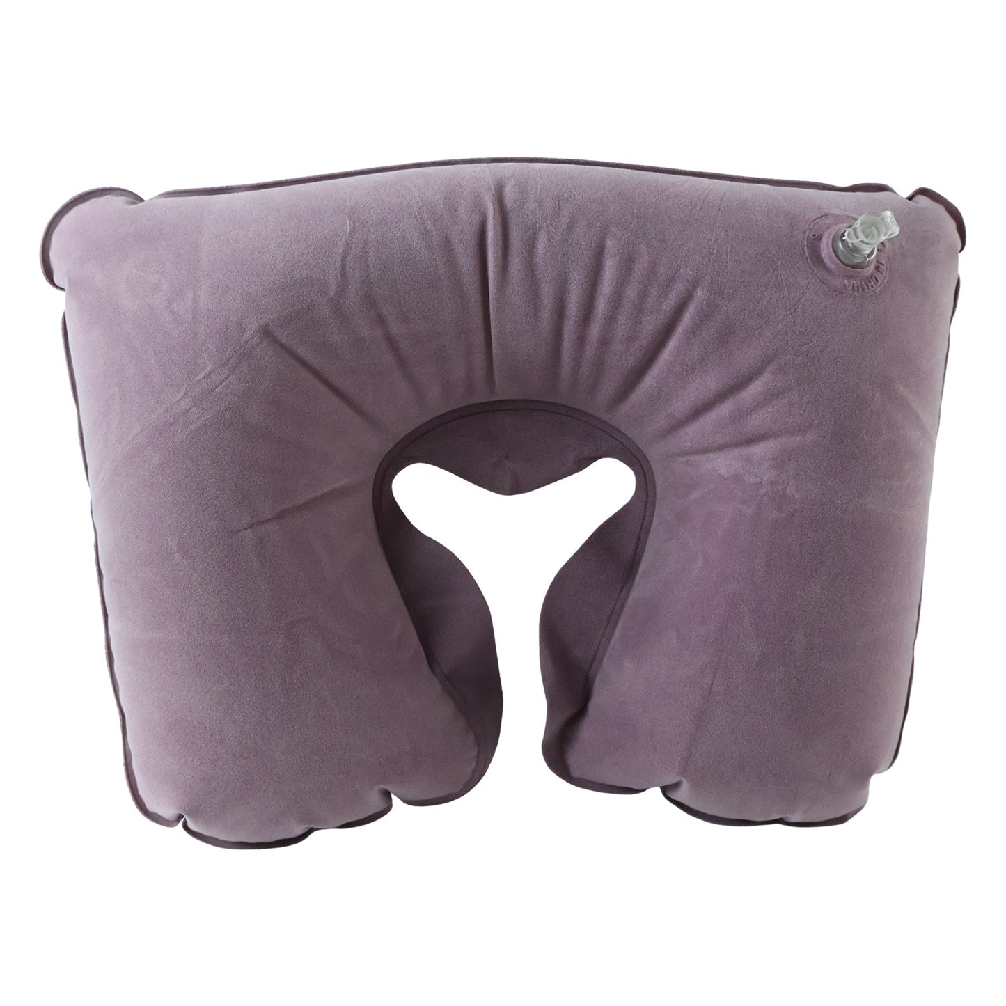 An inflated purple velvet U-shape neck pillow with a dark trim and a clear valve, on a white background.