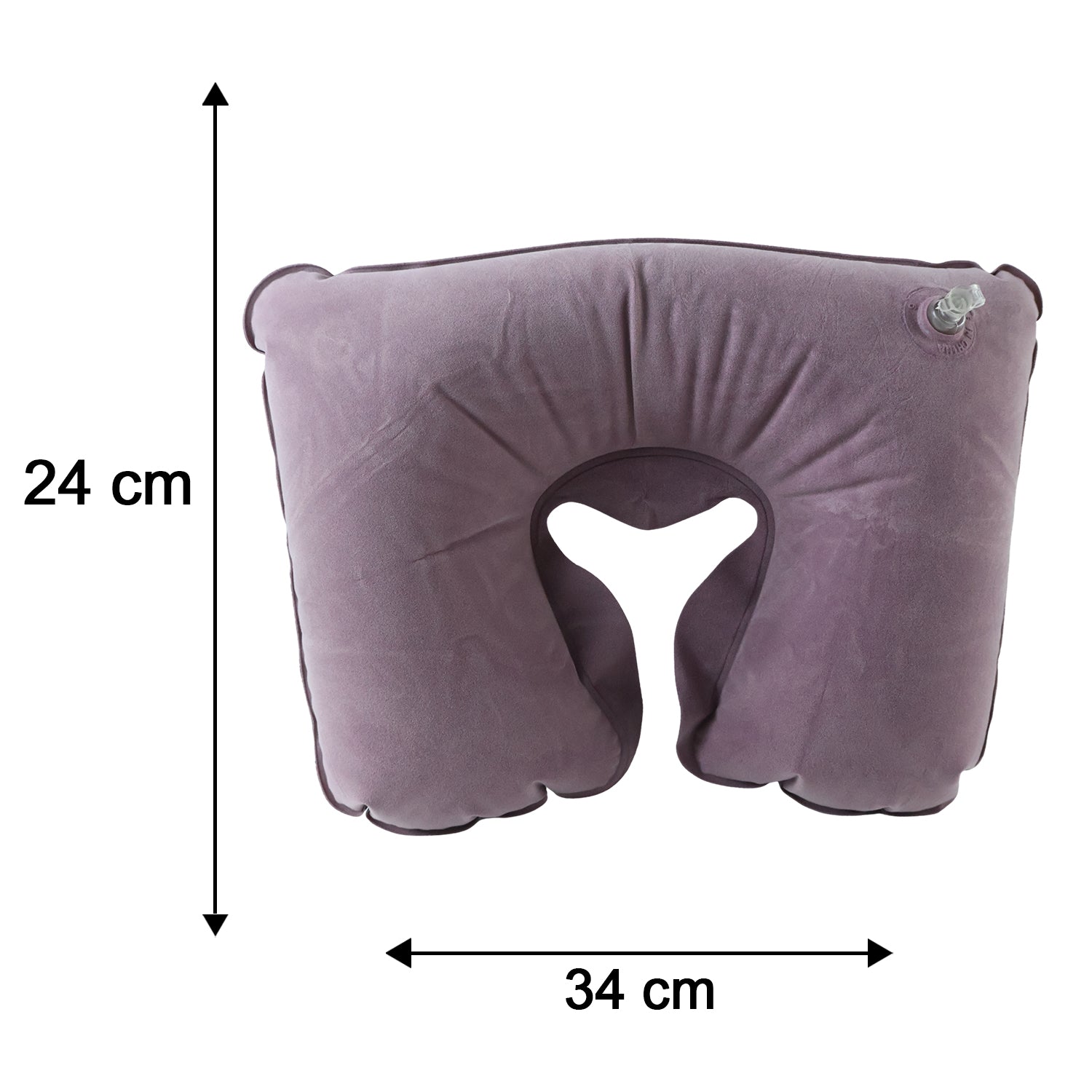 An inflated purple velvet U-shape neck pillow with dimensions: 24 cm height and 34 cm width.