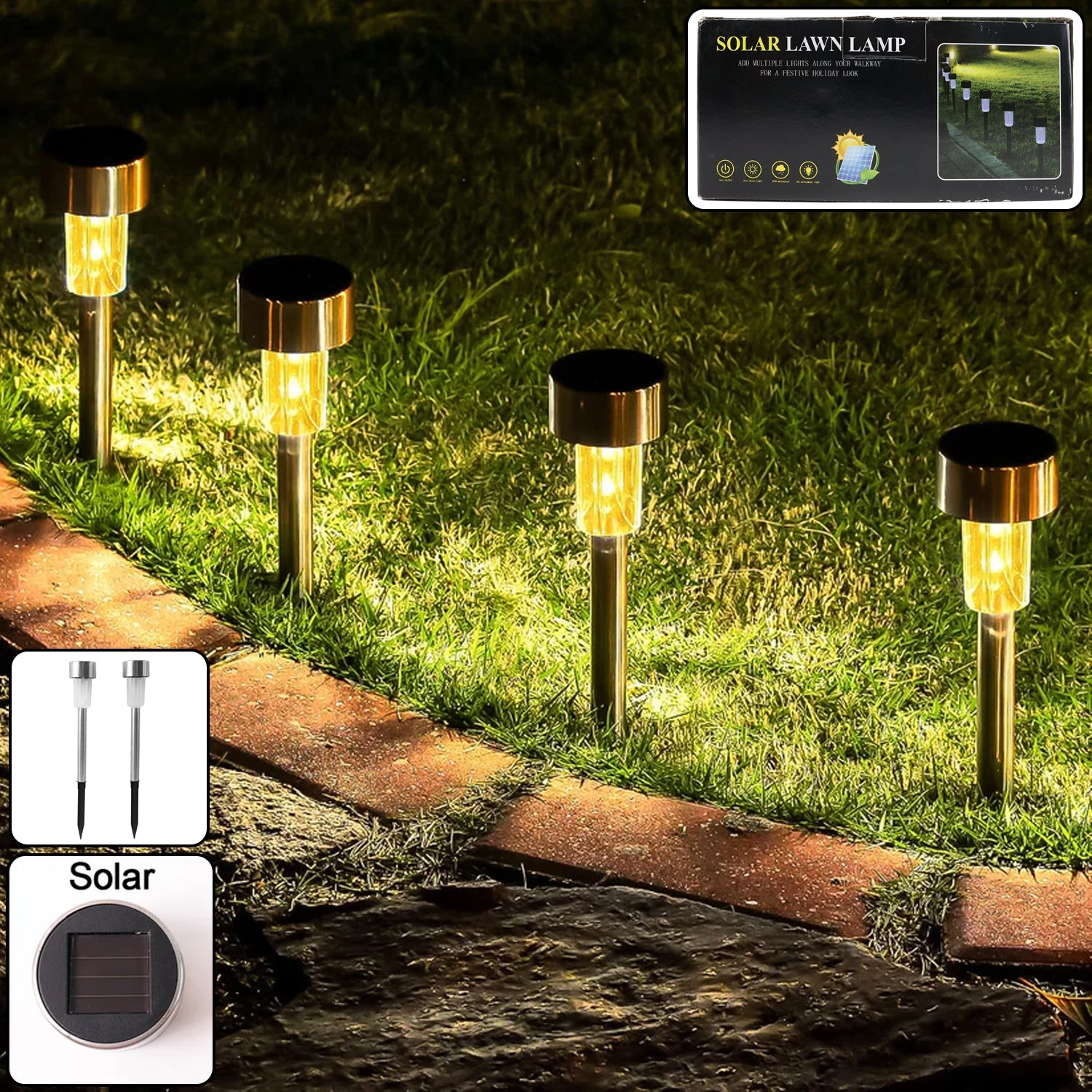 Ground stakes of solar lawn lamps set of 12 lighting up lawn area at dusk