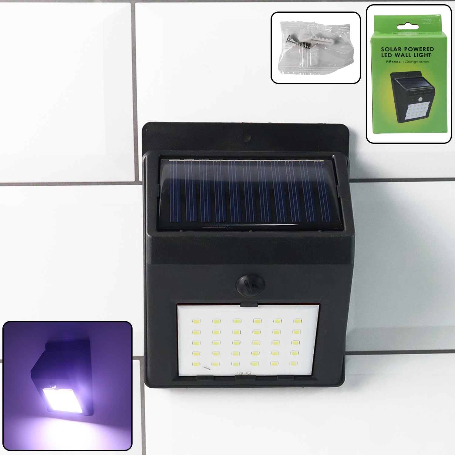 Solar powered LED wall light with motion sensor illuminating garden pathway