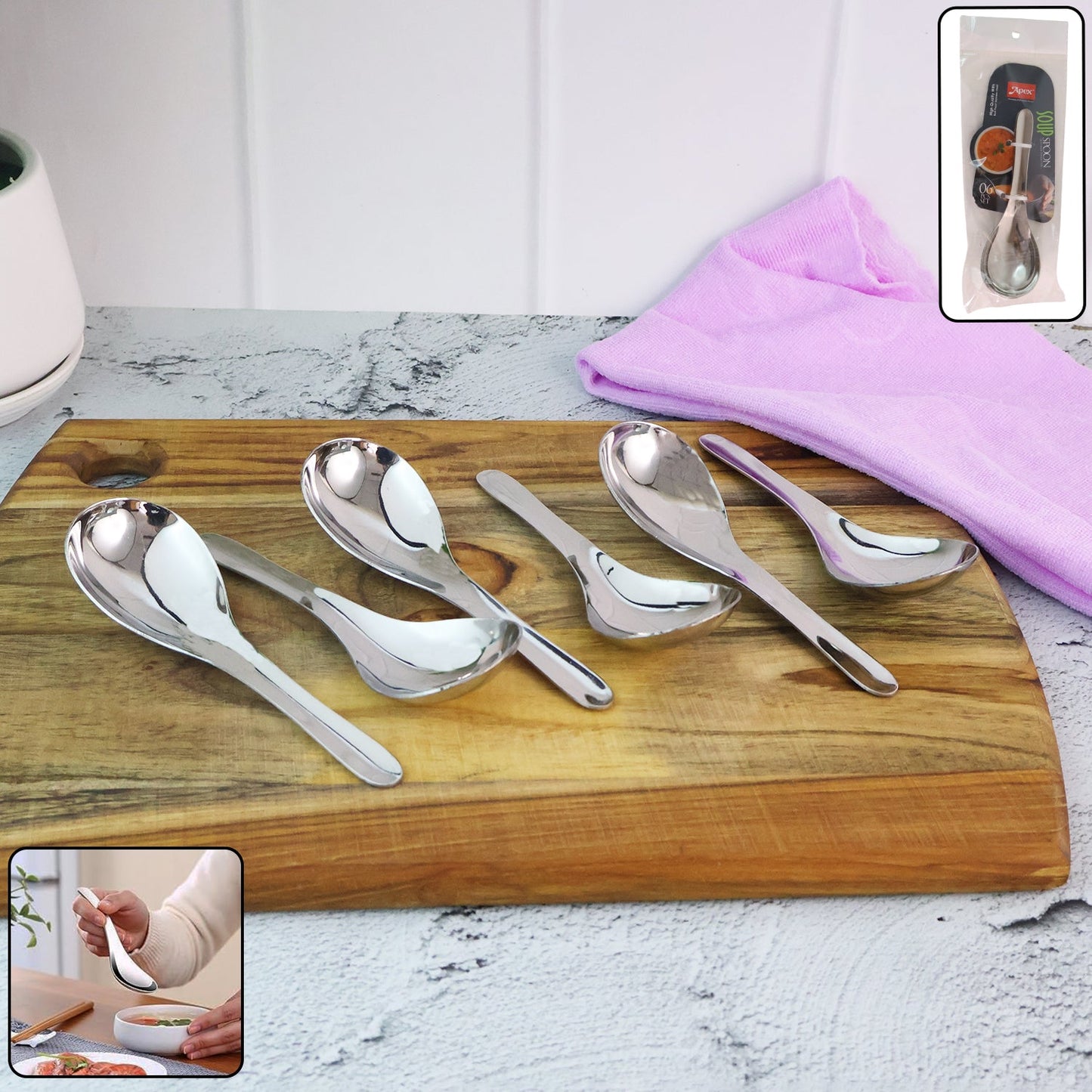Apex Stainless Steel Soup Spoon Set with polished mirror finish, elegant for dining.