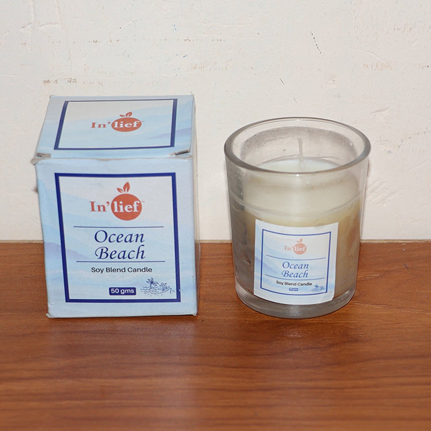 Votive candle with a calming Ocean Beach fragrance, perfect for relaxation.