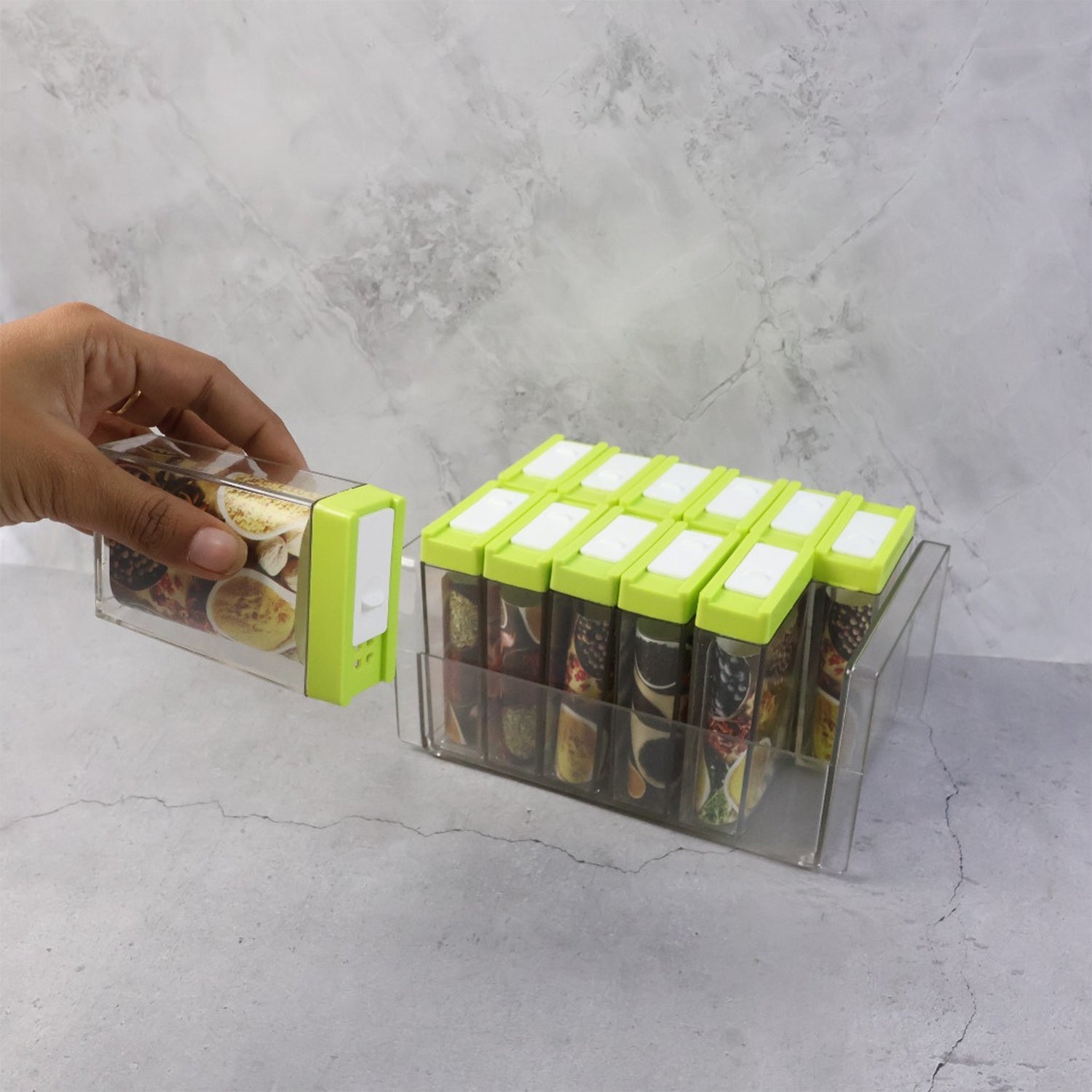 Space-saving compact transparent spice storage rack with stand