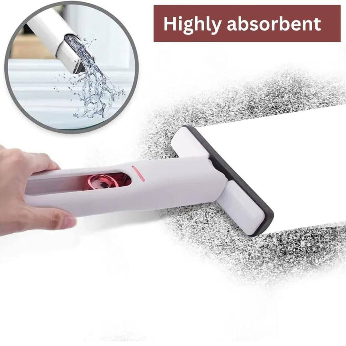 A hand holds the white and red silicone squeegee, demonstrating its water absorption on a surface, with an inset showing
