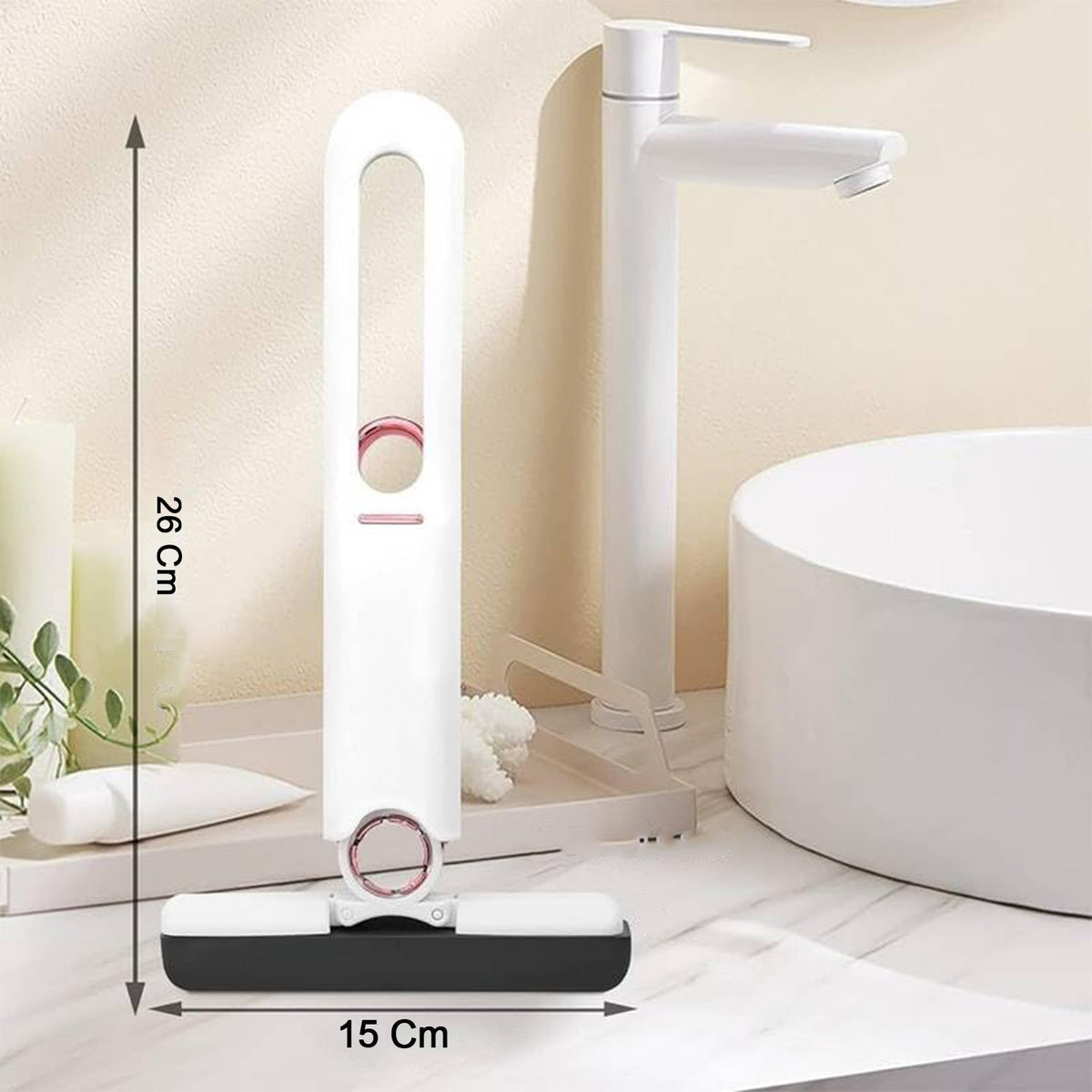 The white and red silicone squeegee is displayed with its dimensions (26cm height, 15cm width) next to a bathroom sink.