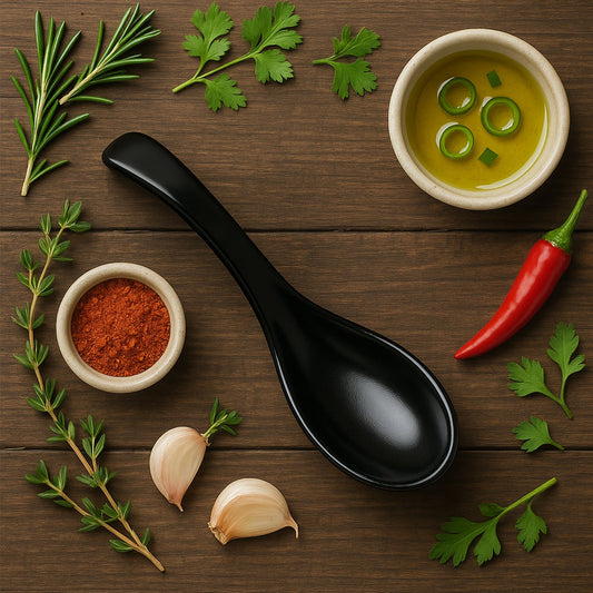 Close-up of deep bowl on black plastic soup spoon built for soups