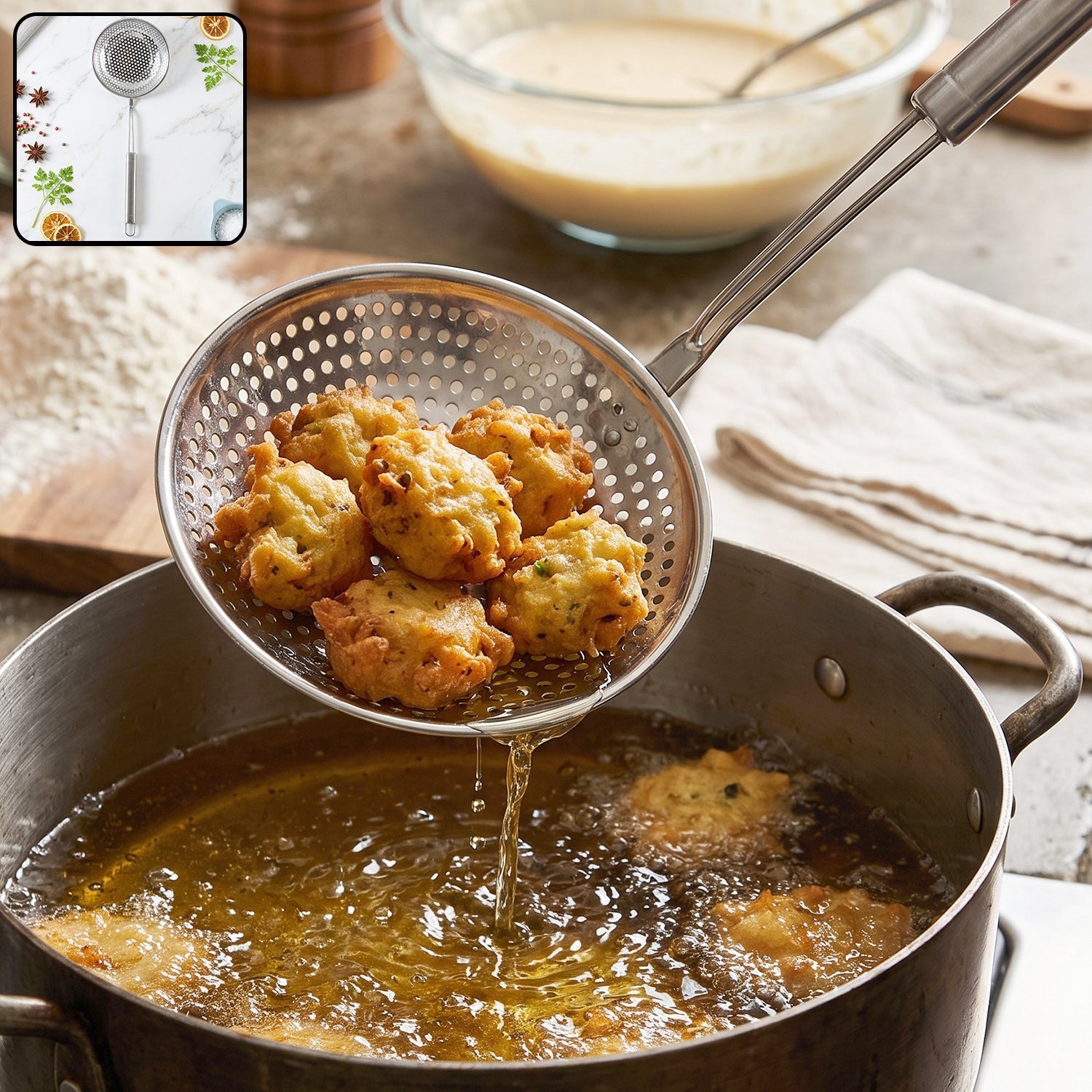 A stainless steel perforated skimmer spoon lifts golden fried fritters from hot oil in a metal pot.