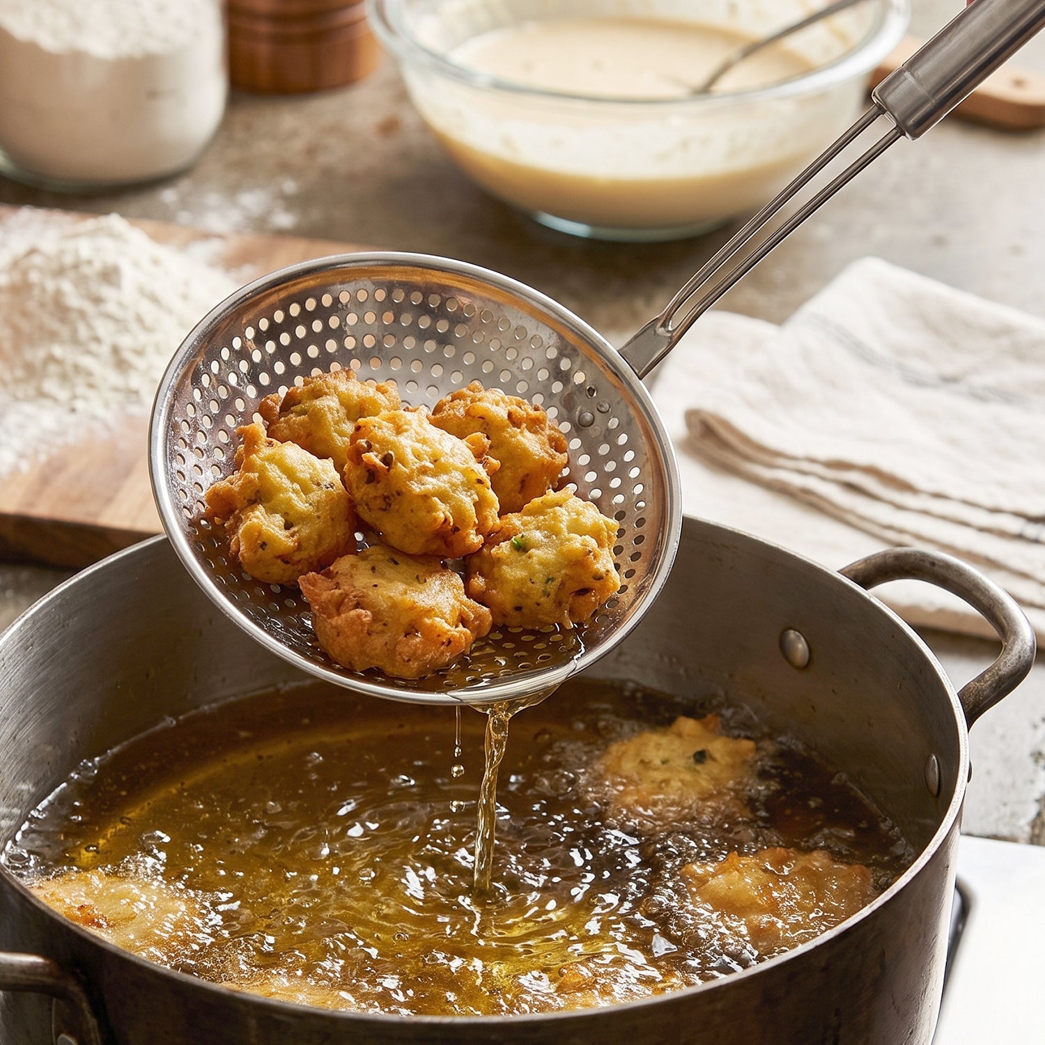 A stainless steel perforated skimmer spoon with a long handle, lifting fried fritters from a pot of hot oil.